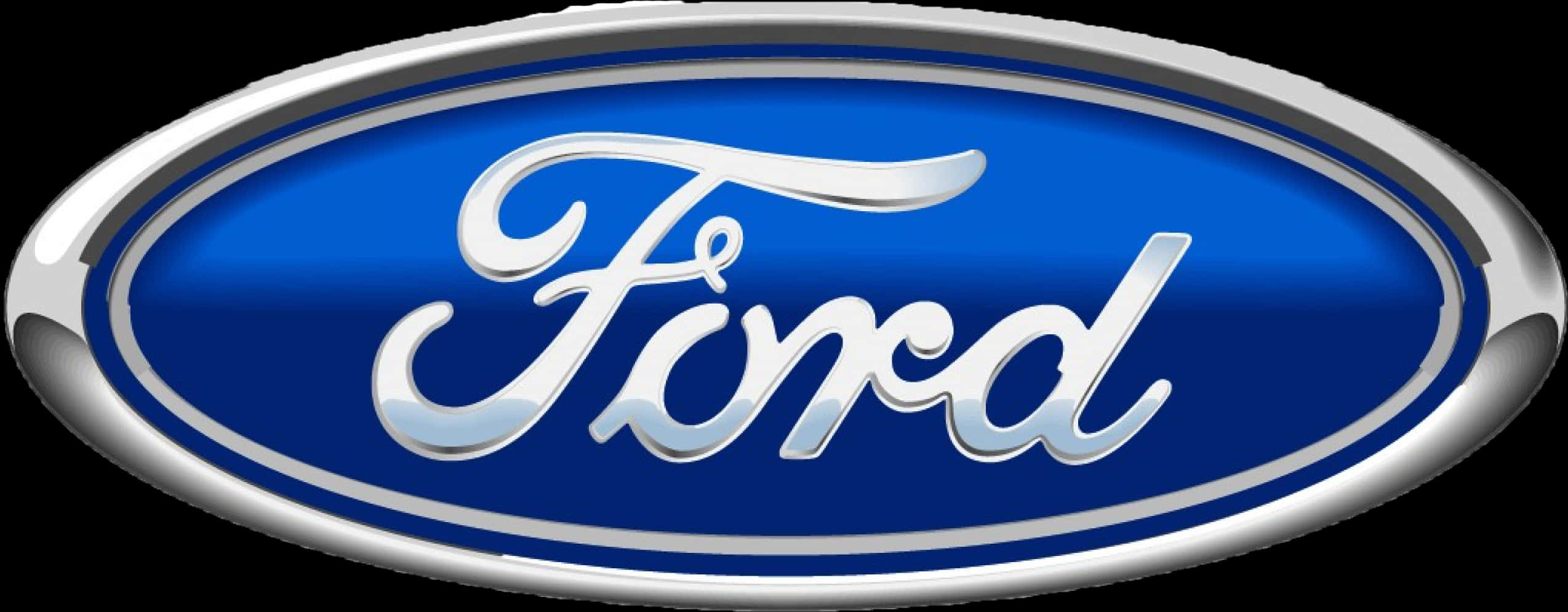 Ford Logo 桌布 壁紙 — 閃亮銀色福特標誌，在黑色背景上的深藍色橢圓形背景上帶有草書字體。