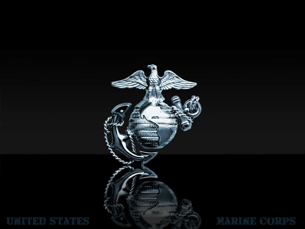 Marines 桌布 壁紙 — 閃亮銀色美國海軍陸戰隊徽章，帶有鷹、地球和錨，在黑色表面上反射。