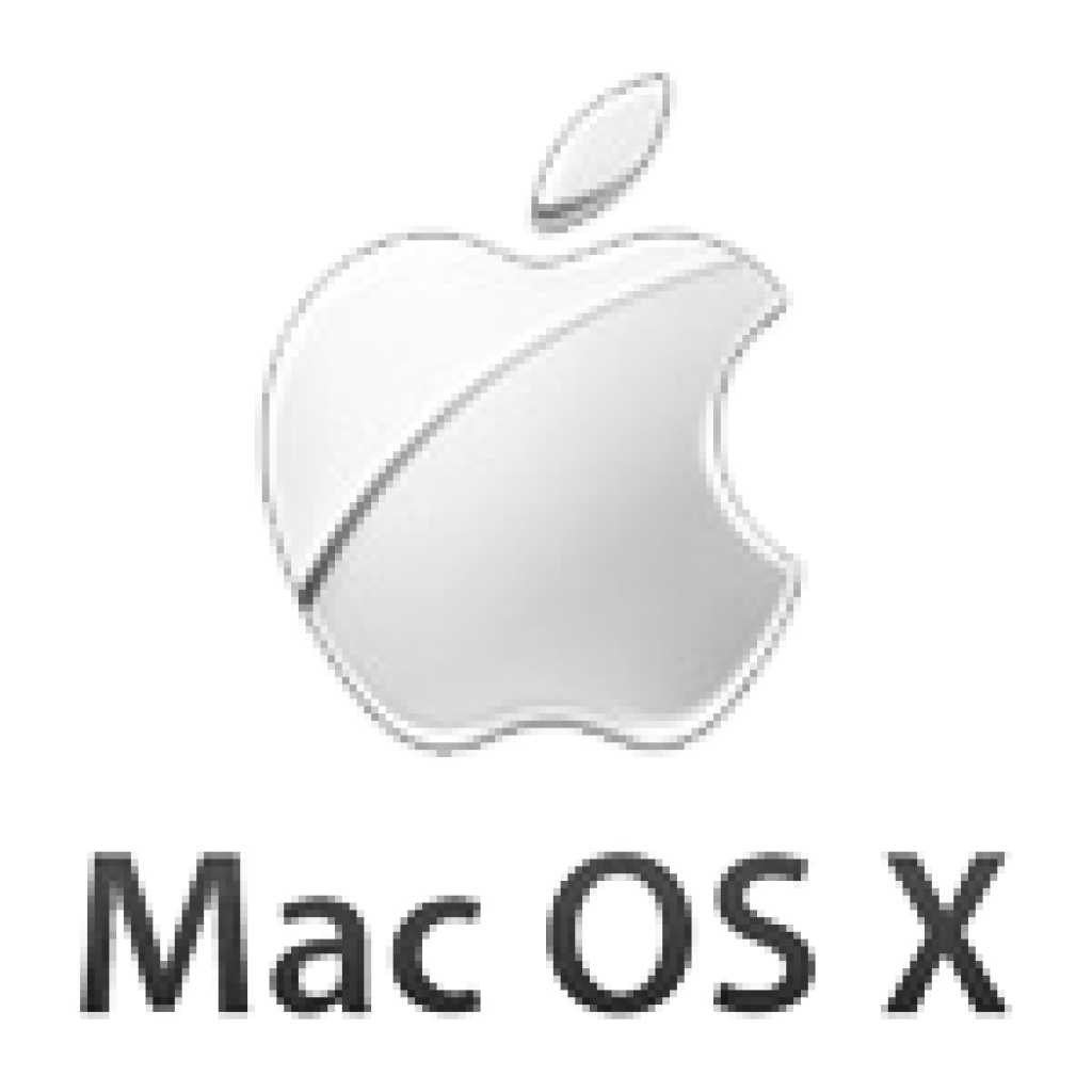 Mac 桌布 壁紙 — 閃亮銀色蘋果標誌，帶有咬痕和 'Mac OS X' 文字，黑色背景。