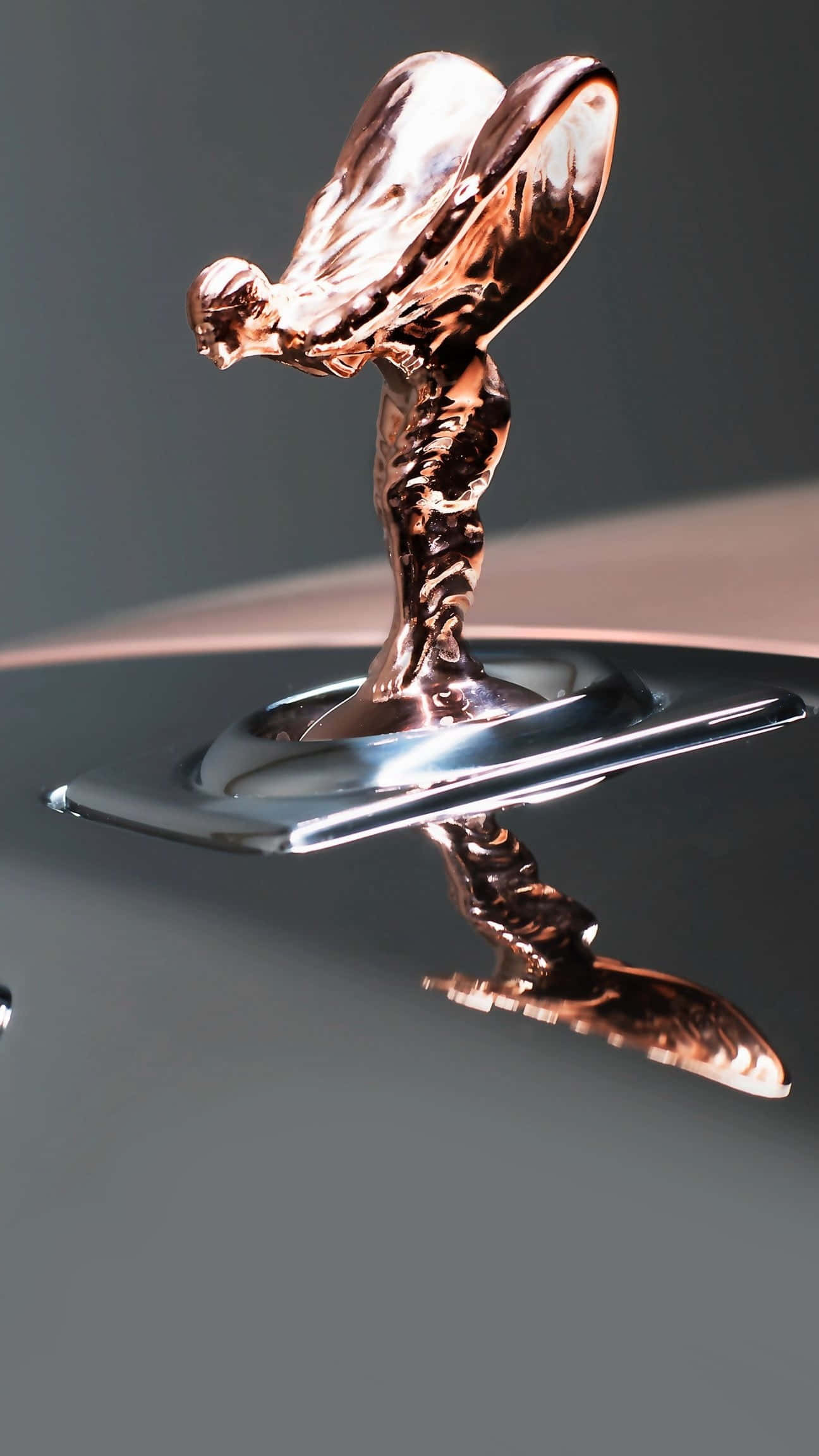 Bronze 桌布 壁紙 — 閃亮銅色勞斯萊斯 Spirit of Ecstasy 引擎蓋飾物在拋光鉻表面上的特寫反射。