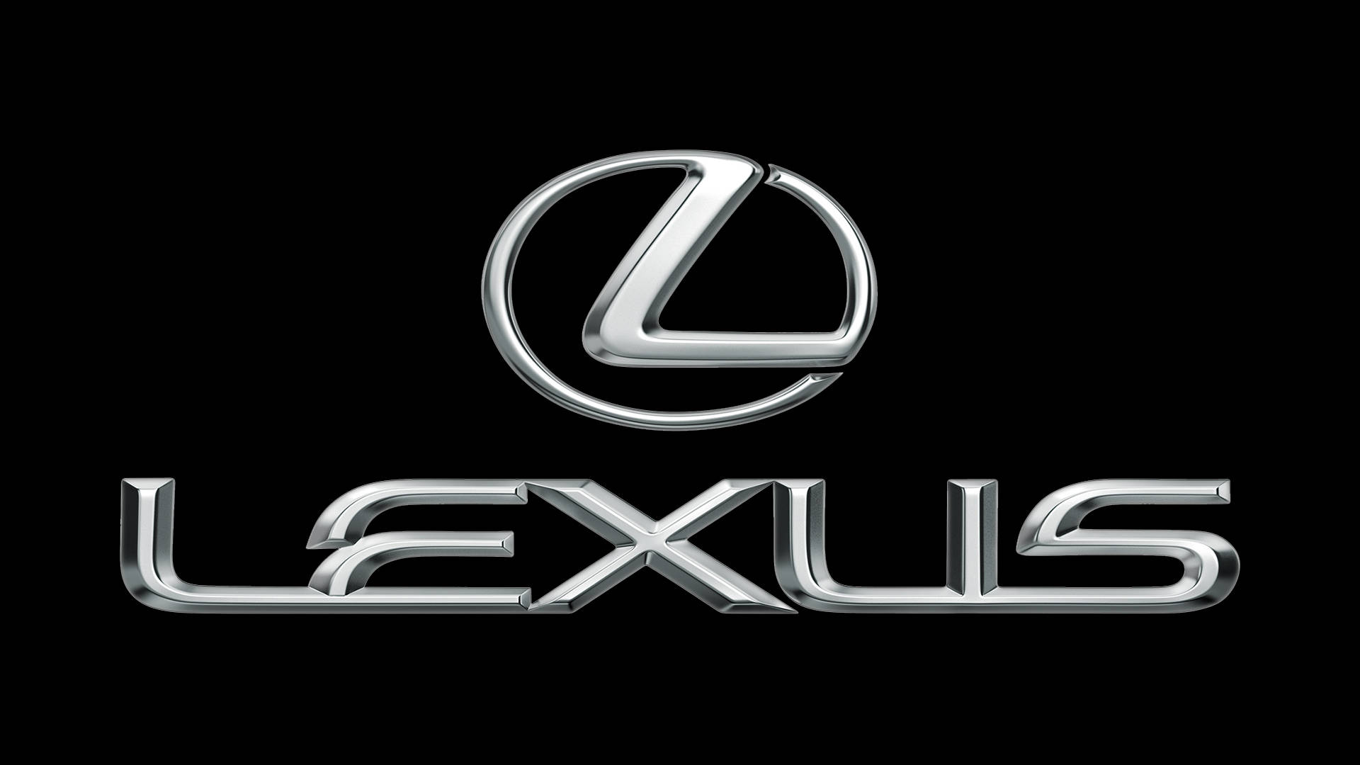 lexus logo 桌布 壁紙 — 閃亮鍍鉻 Lexus 標誌，帶有風格化的 'L' 標誌和品牌名稱，背景為純黑色。