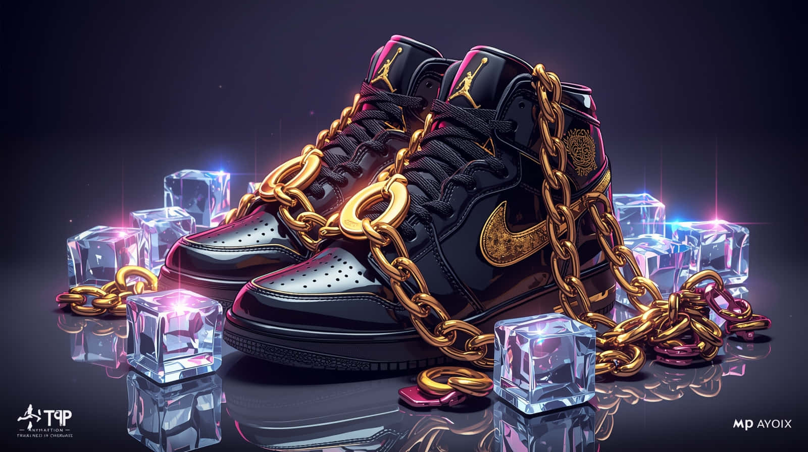 Black and Gold Sneaker with Crystal Ice Wallpaper 壁紙 — 閃亮黑色高筒運動鞋，飾有粗金鏈和發光冰塊，置於反光暗面上。