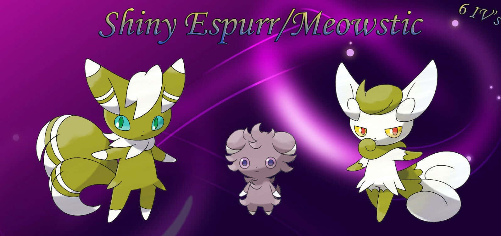 espurr 桌布 壁紙 — 閃光的Espurr和Meowstic在發光紫色宇宙背景兩側夾著一隻小Pokémon。