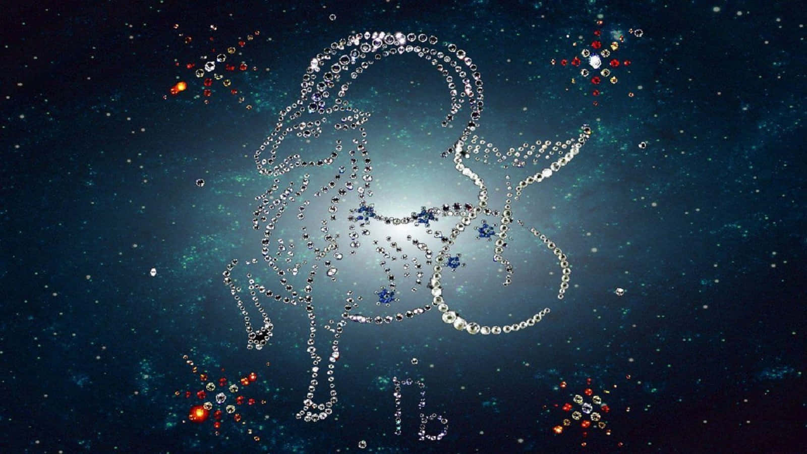 摩羯座 桌布 壁紙 — 閃爍的寶石牡羊座星座在星光燦爛的宇宙背景下發光，周圍有光芒四射的星雲和散落的寶石。