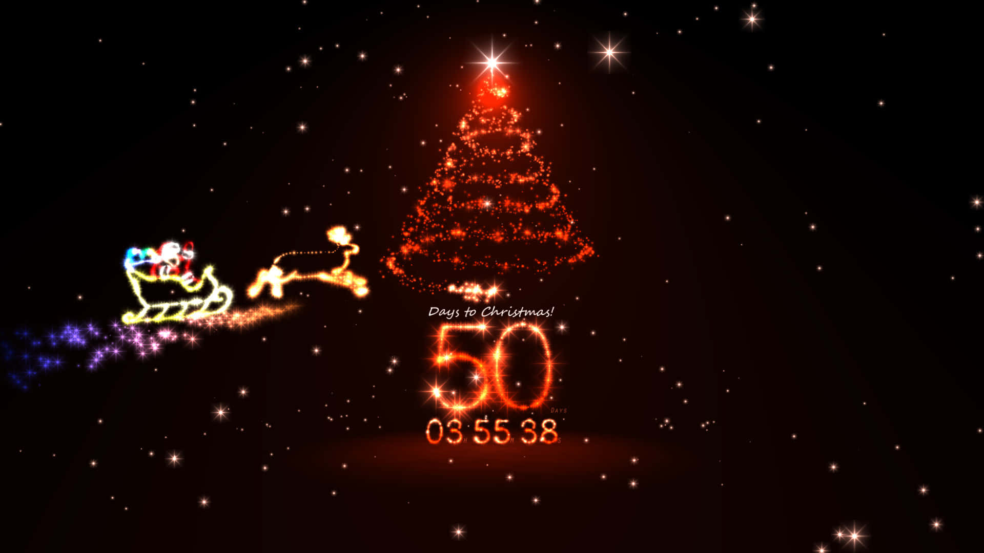Christmas Countdown 桌布 壁紙 — 閃爍的數位聖誕倒數，發光的聖誕樹和聖誕老人的雪橇在繁星點點的夜空中飛翔。