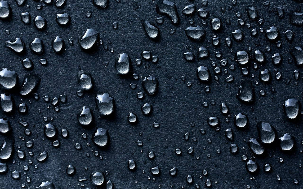 Rainy Day 桌布 壁紙 — 閃爍的水滴依附在啞光黑色紋理表面上，反射柔和環境光。