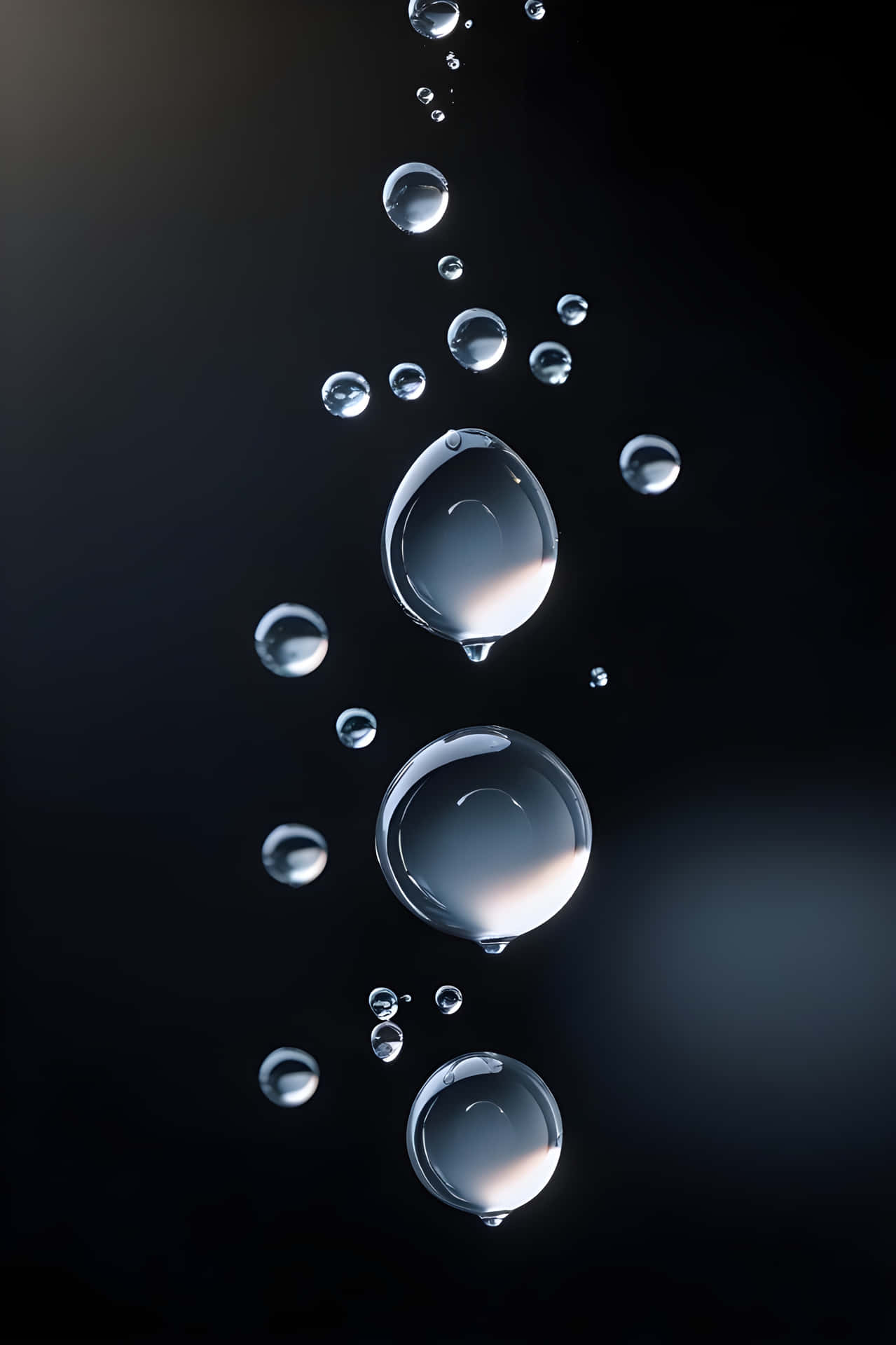 waters non-wetness wallpaper 壁紙 — 閃爍的水滴在深邃的黑色空間中上升，以完美的球形清晰度反射柔和光線。
