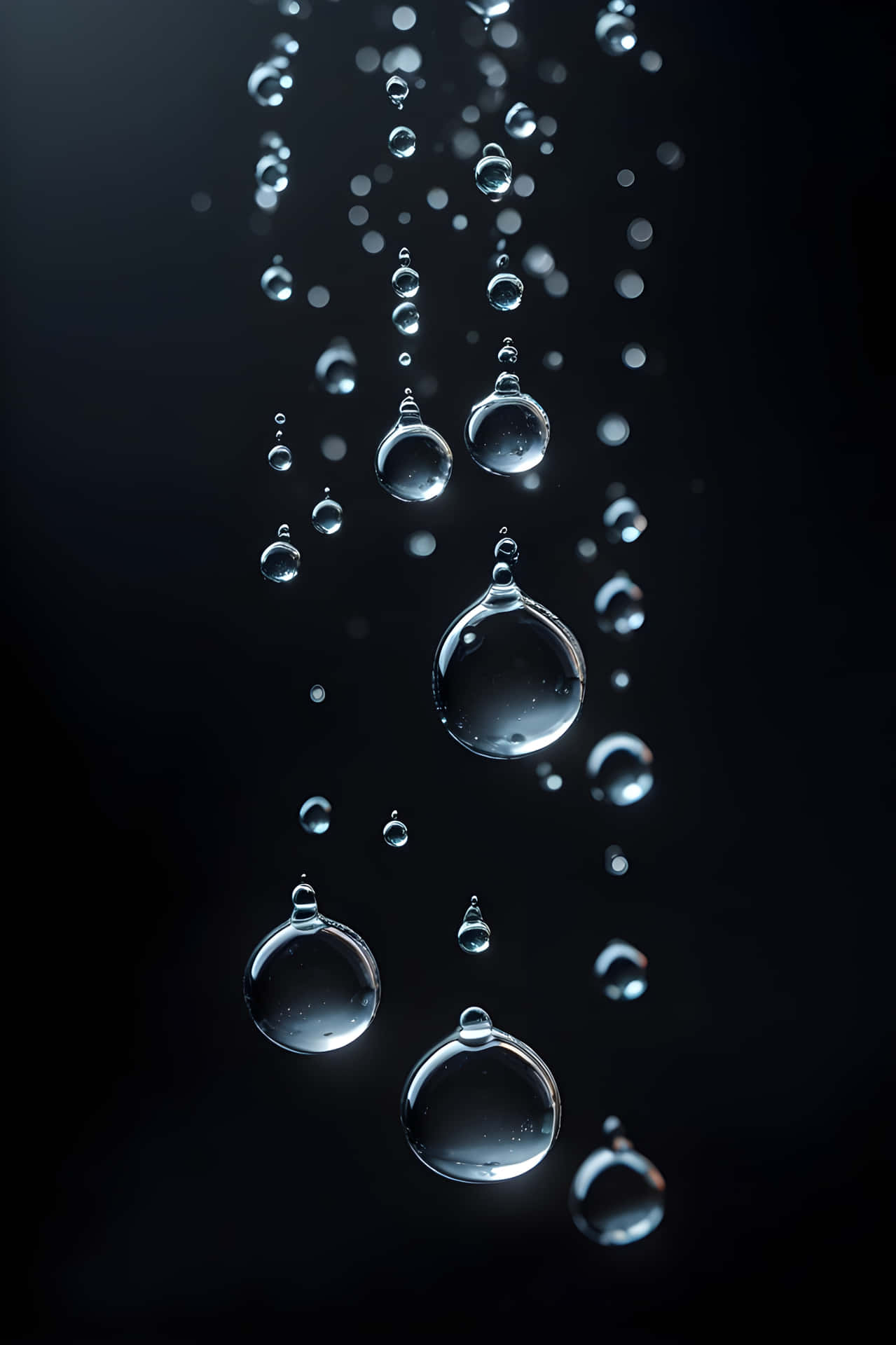 waters non-wetness wallpaper 壁紙 — 閃爍的水滴在深黑色背景上傾瀉而下，營造出迷人的抽象動態效果。