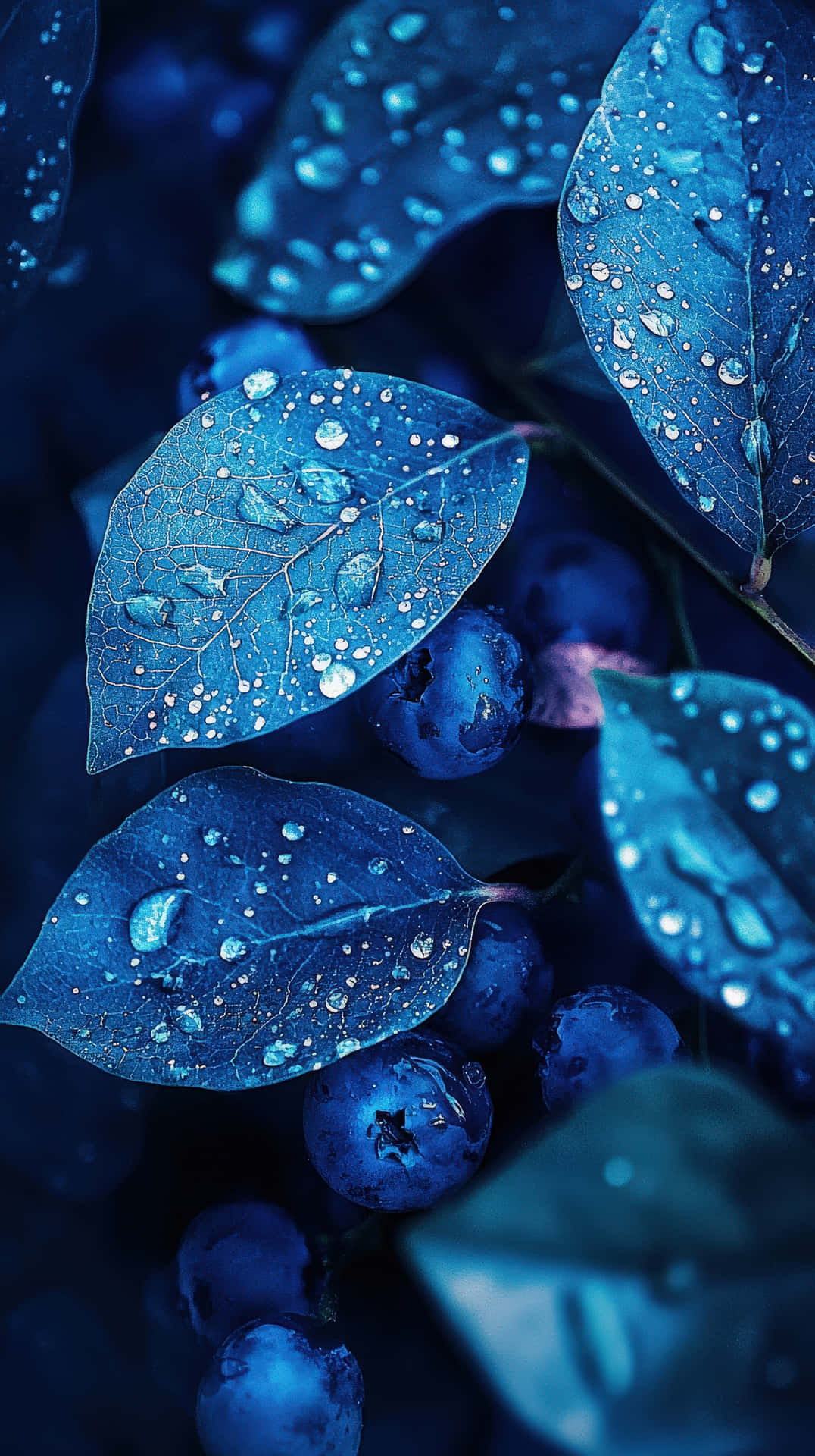 Close-Up of Blueberry Leaves Covered in Dewdrops with a Soft Dreamy Glow in a Mystical Natural Setti 壁紙 — 閃爍的水珠依附在深藍色的葉子和飽滿的藍莓上，呈現冷色調的微距拍攝。