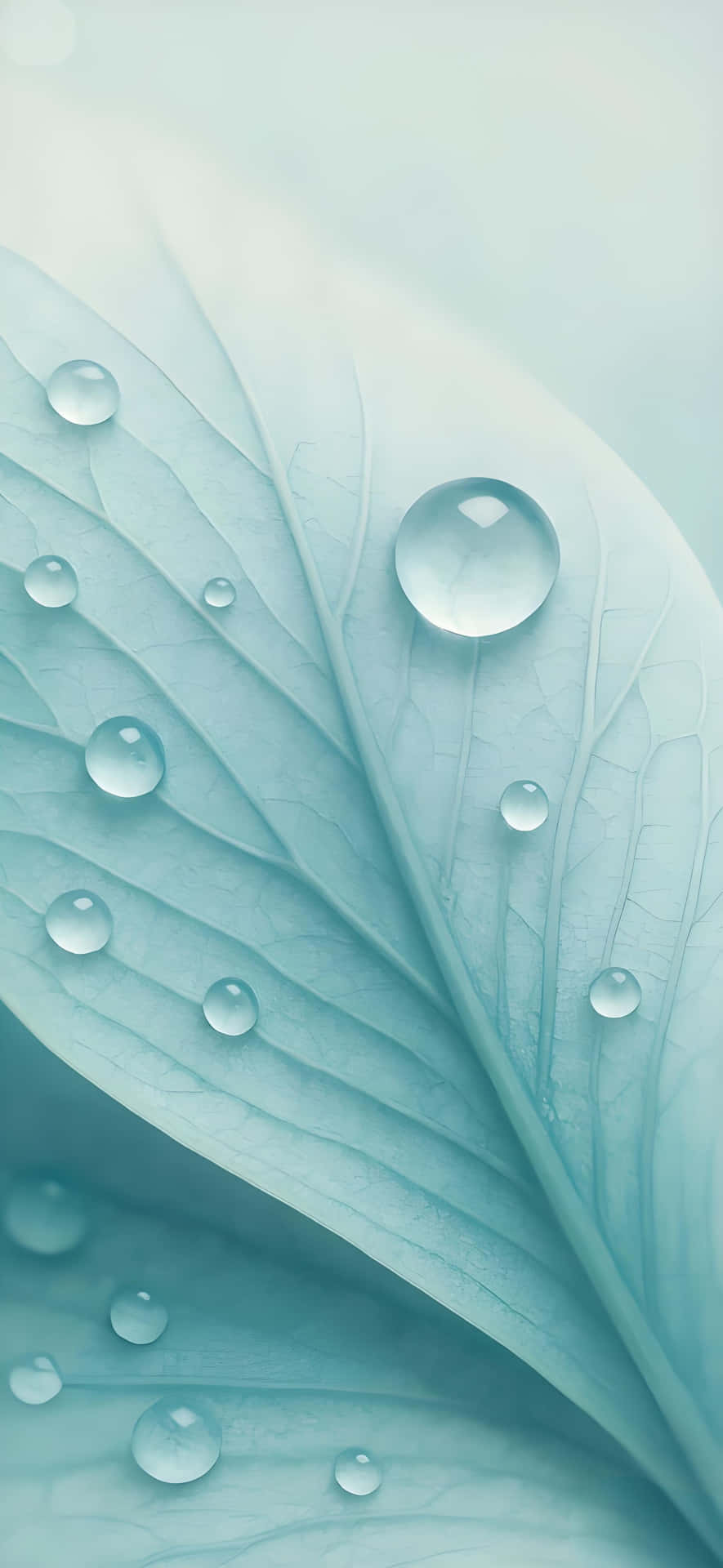 Serene Light Blue Leaf with Water Droplets 壁紙 — 閃爍的水珠停留在淡藍綠色葉片的細膩葉脈上，背景是柔和的漸變色。