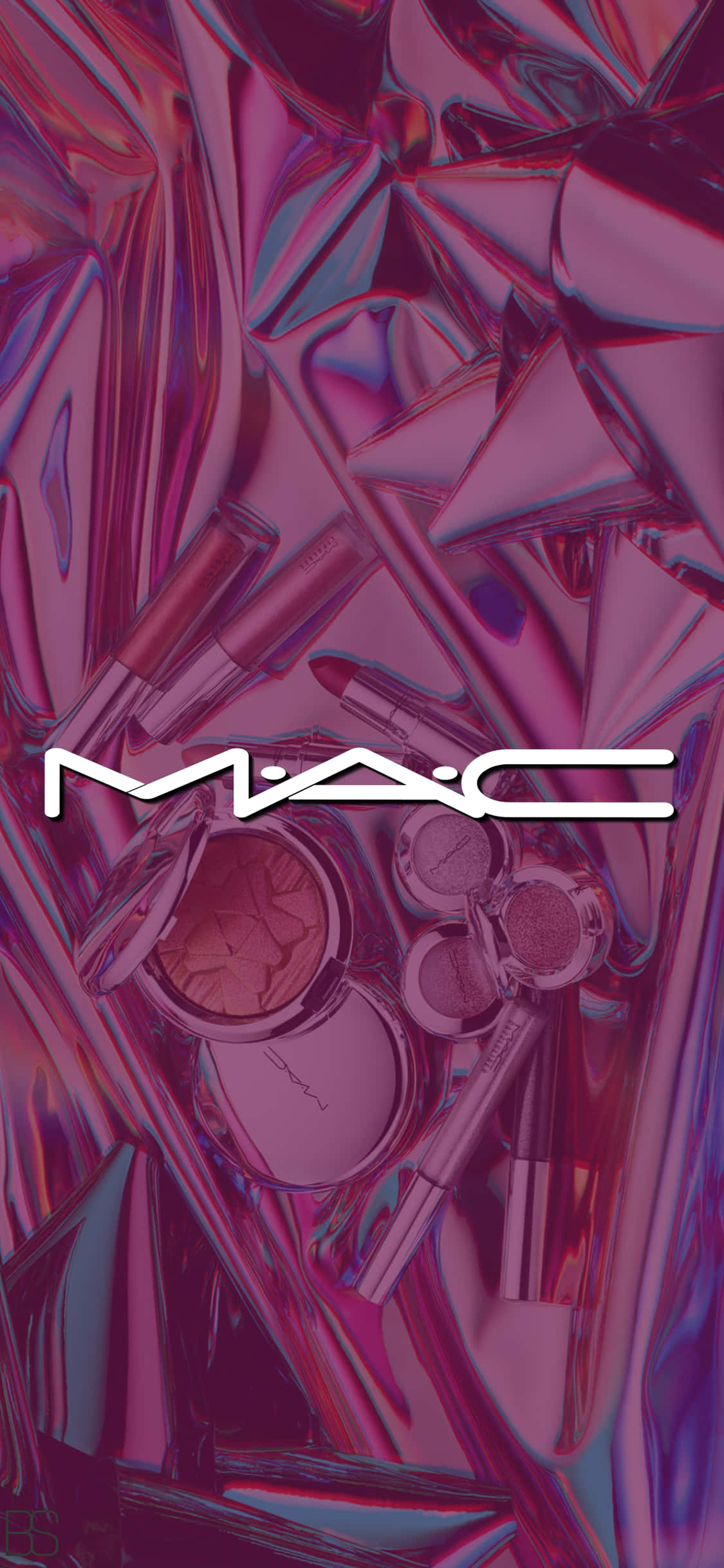 Mac Cosmetics 桌布 壁紙 — 閃爍的洋紅色和紫色金屬箔背景，突出顯示MAC化妝品產品和標誌。
