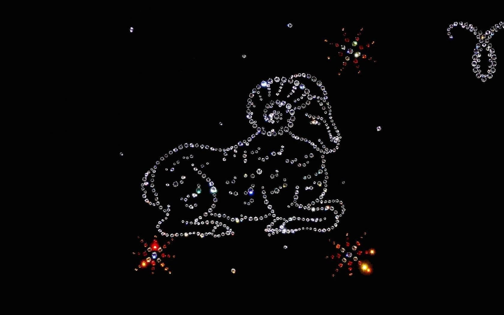 黑色背景上帶有彩色星爆的水鑽牡羊座星座。 — 星座 GIF 壁紙