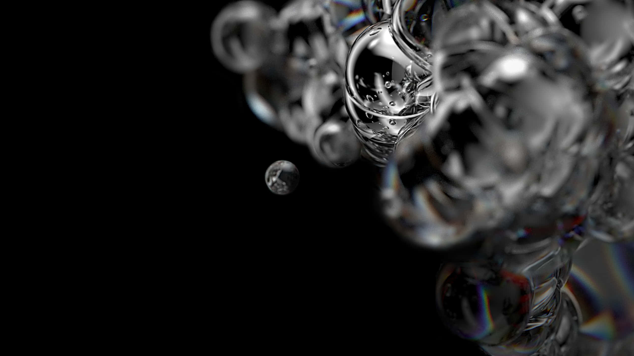 Bubbles 桌布 壁紙 — 閃爍的玻璃氣泡在黑色虛空中漂浮，彩虹稜鏡反射光線。