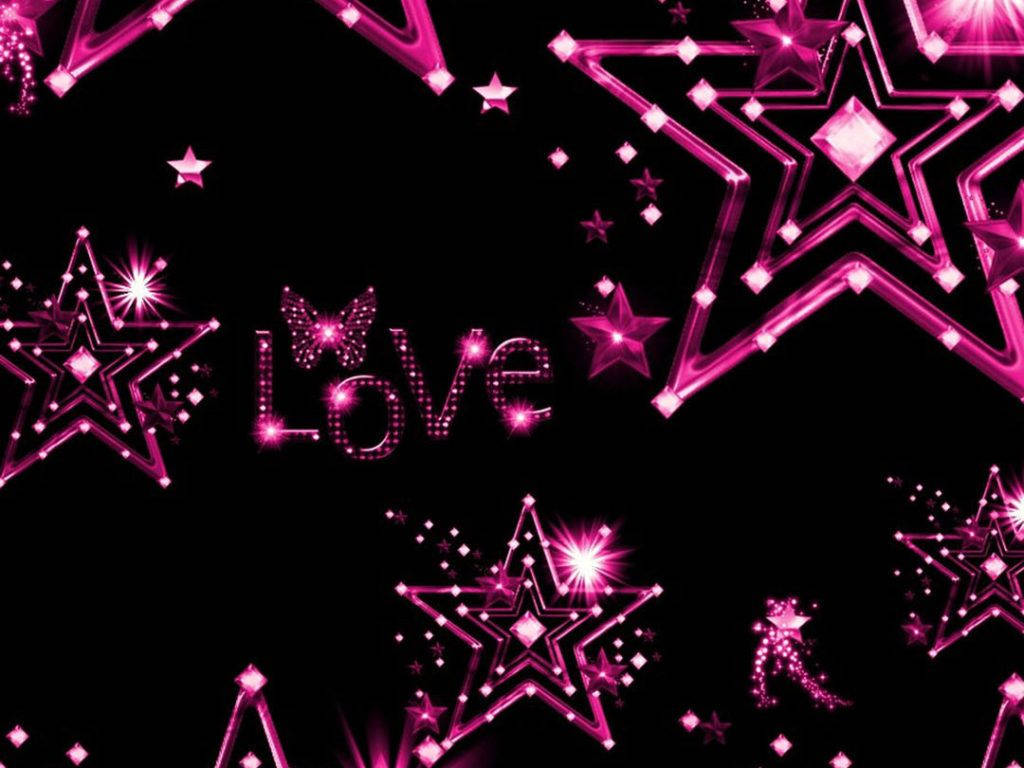 少女風 桌布 壁紙 — 閃爍的粉紅星星和閃亮的「Love」文字在黑色背景上漂浮，呈現出耀眼的數位顯示效果。