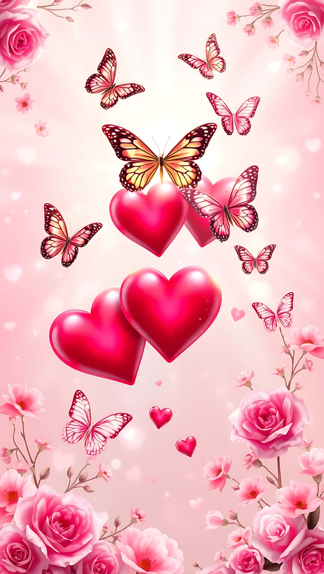 Hearts and Butterflies in Love smartphone wallpaper 壁紙 — 閃爍的粉紅色心形和蝴蝶漂浮在盛開的玫瑰之間，背景柔和發光。