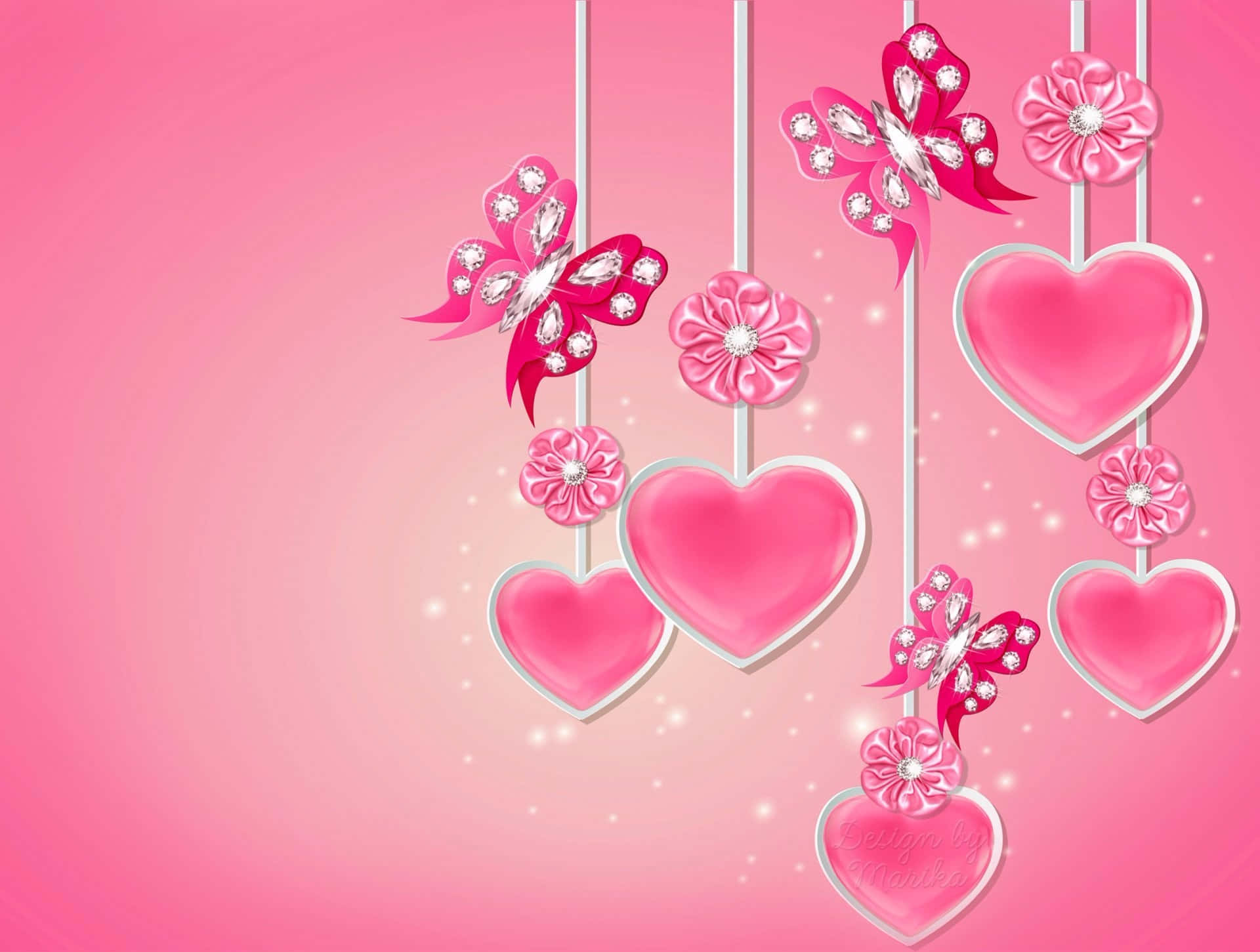 Pink And Red 桌布 壁紙 — 閃爍的粉紅色心形和蝴蝶飾有鑽石，優雅地懸掛在柔和的漸變粉紅色背景上。