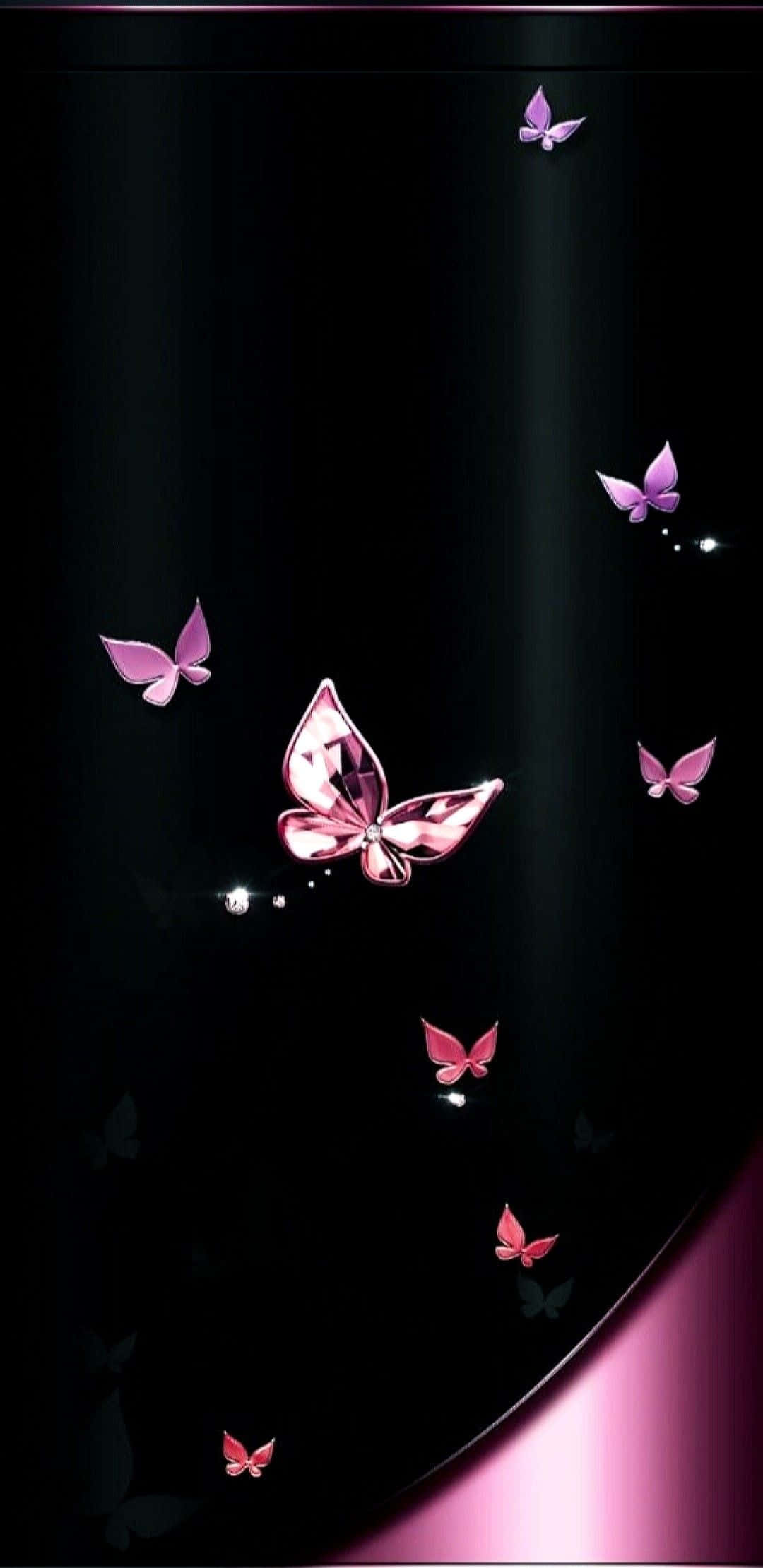 Butterflies 桌布 壁紙 — 閃爍的粉紅色蝴蝶在深黑色背景上優雅地漂浮，底部有一條發光的洋紅色曲線。