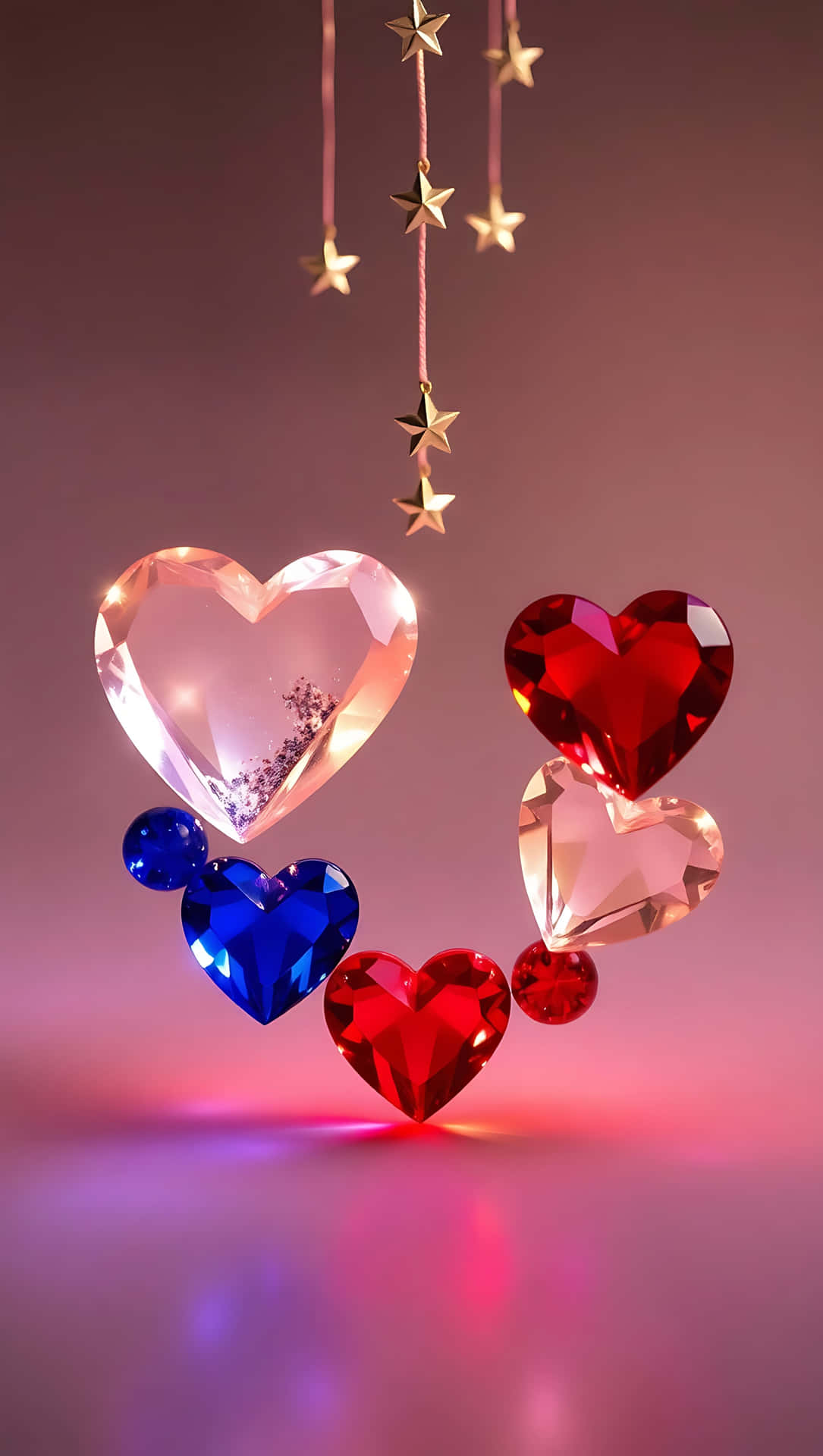 Freedom Hearts – Crystal Americana Shine 42-1 壁紙 — 閃爍的紅色、藍色和透明水晶心形漂浮在懸掛的金色星星下方，背景是柔和的粉紅色漸層。