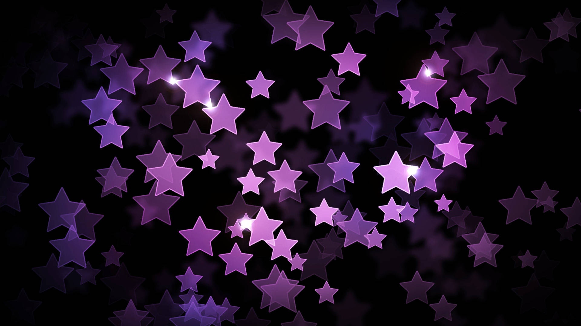 Stars 桌布 壁紙 — 閃爍的紫色星星在深黑色背景上漂浮，帶有發光的高光。