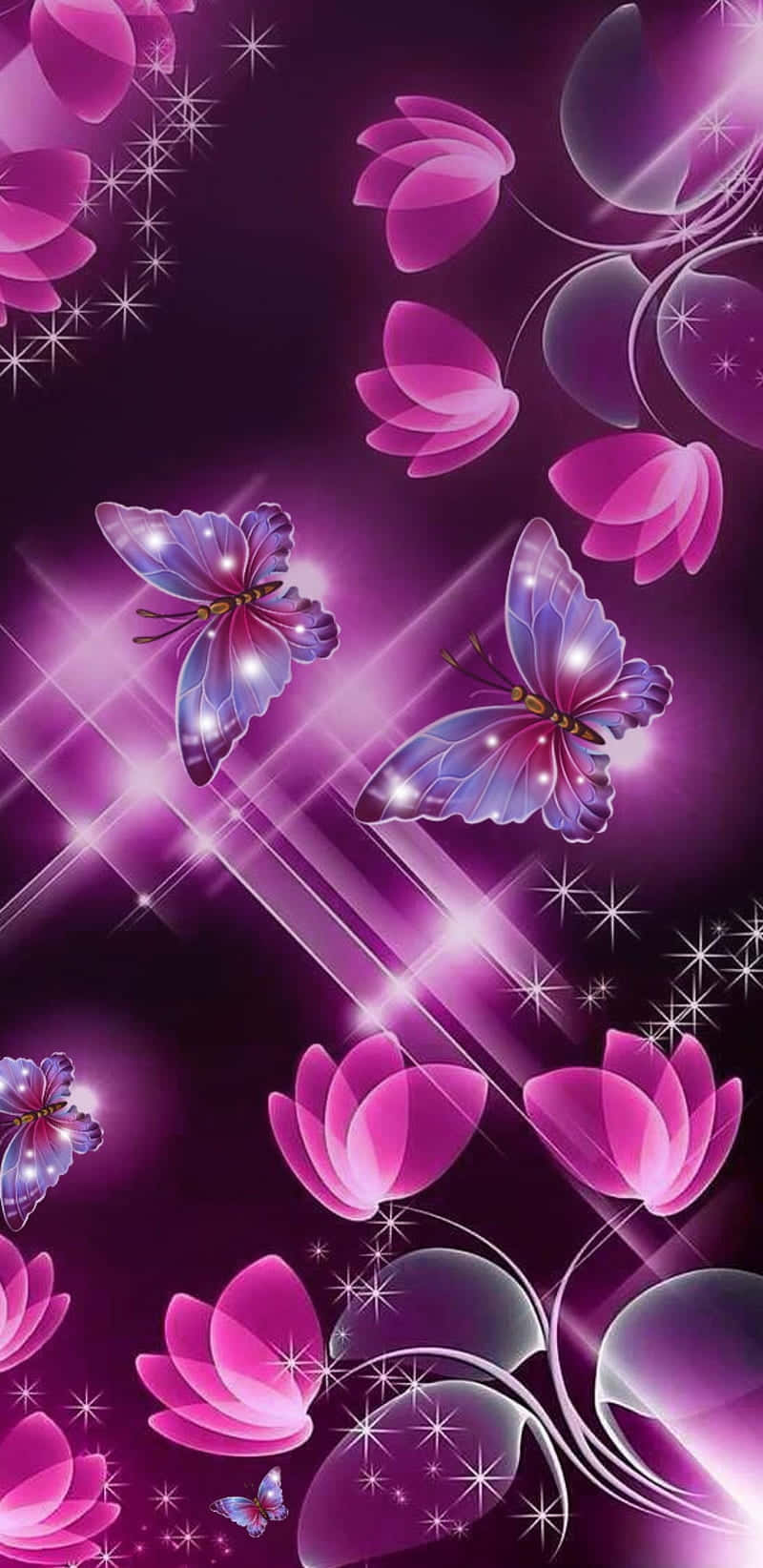 Glitter Butterfly 桌布 壁紙 — 閃爍的紫色蝴蝶和蓮花在深紫色背景上，漂浮在閃閃發光的光束中。