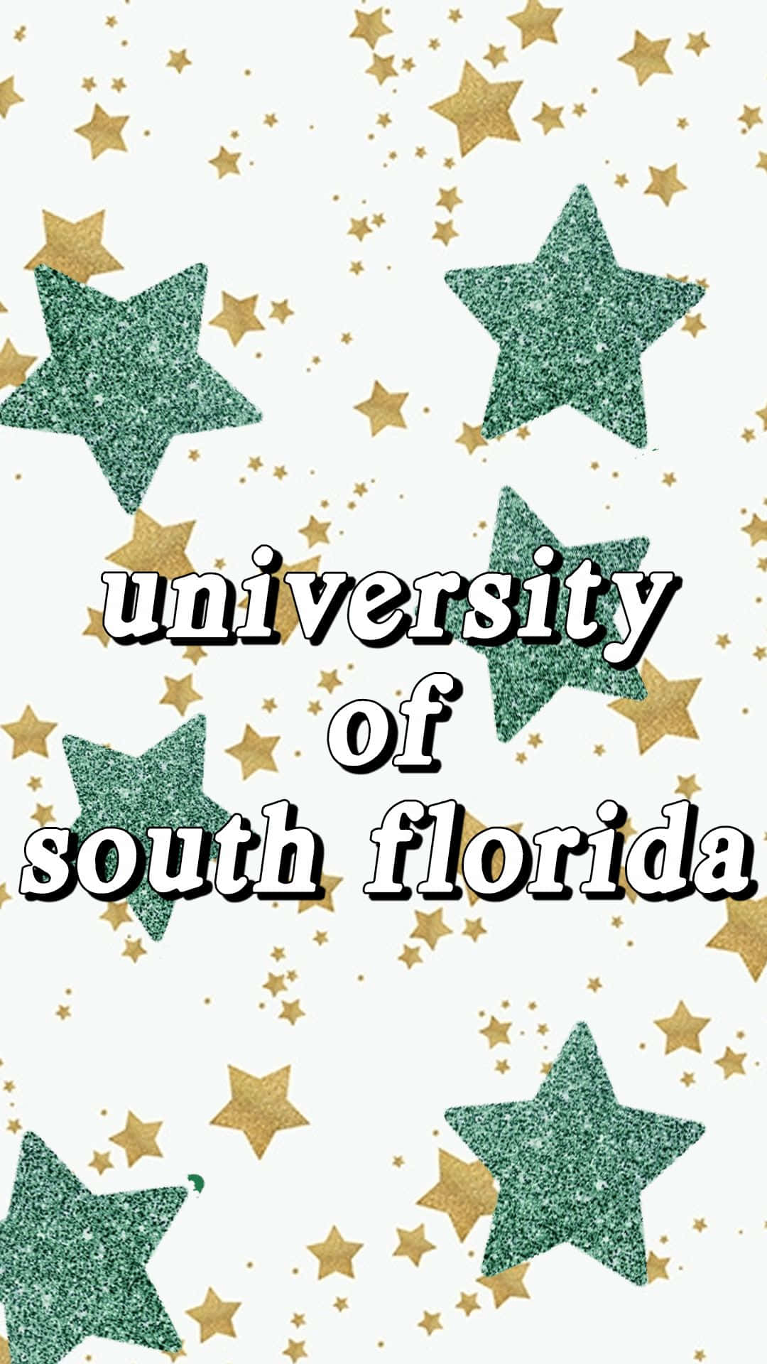 學校 桌布 壁紙 — 閃爍的綠色和金色星星漂浮在白色背景上，帶有「university of south florida」文字。