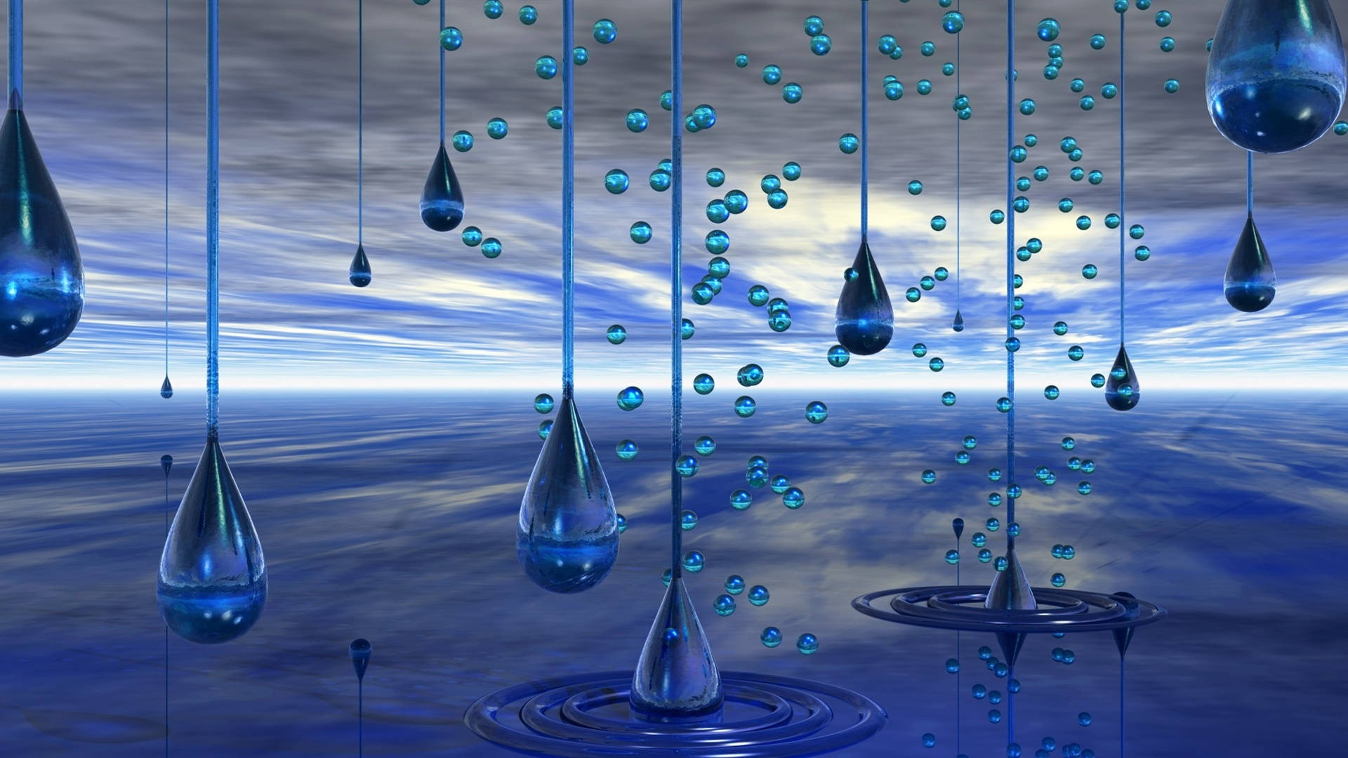 滴落感 桌布 壁紙 — 閃爍的藍色水滴懸浮在反射的海洋上方，天空多雲。