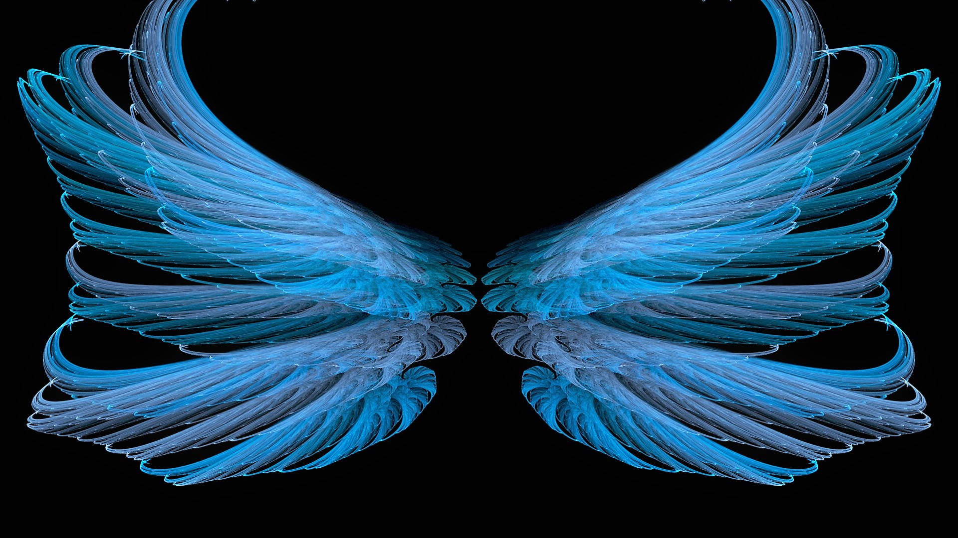 Wings 桌布 壁紙 — 閃爍的藍色玻璃般翅膀在純黑背景上展開，帶有發光的半透明羽毛。