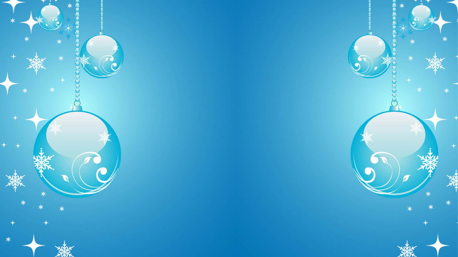 Powerpoint Blue 桌布 壁紙 — 閃爍的藍色玻璃飾品帶有雪花漩渦，懸掛在點綴著閃爍星星和雪花的漸變藍色背景上。