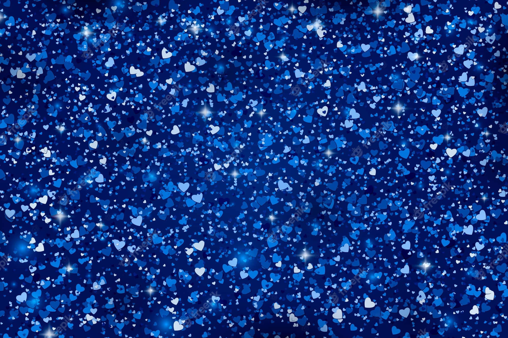 Blue Sparkle 桌布 壁紙 — 閃爍的藍色背景，充滿閃閃發光的心形和星形火花，營造出浪漫神奇的效果。