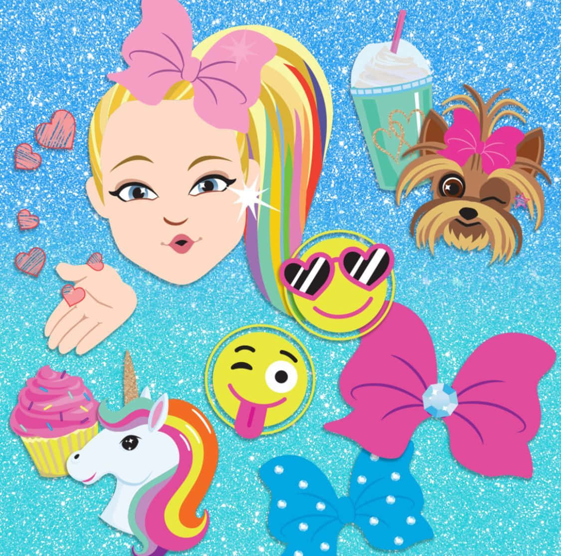 Jojo 桌布 壁紙 — 閃爍的藍色背景上，JoJo Siwa 擁有彩虹頭髮和粉紅色蝴蝶結，周圍環繞著表情符號、一隻狗、一隻獨角獸和杯子蛋糕。