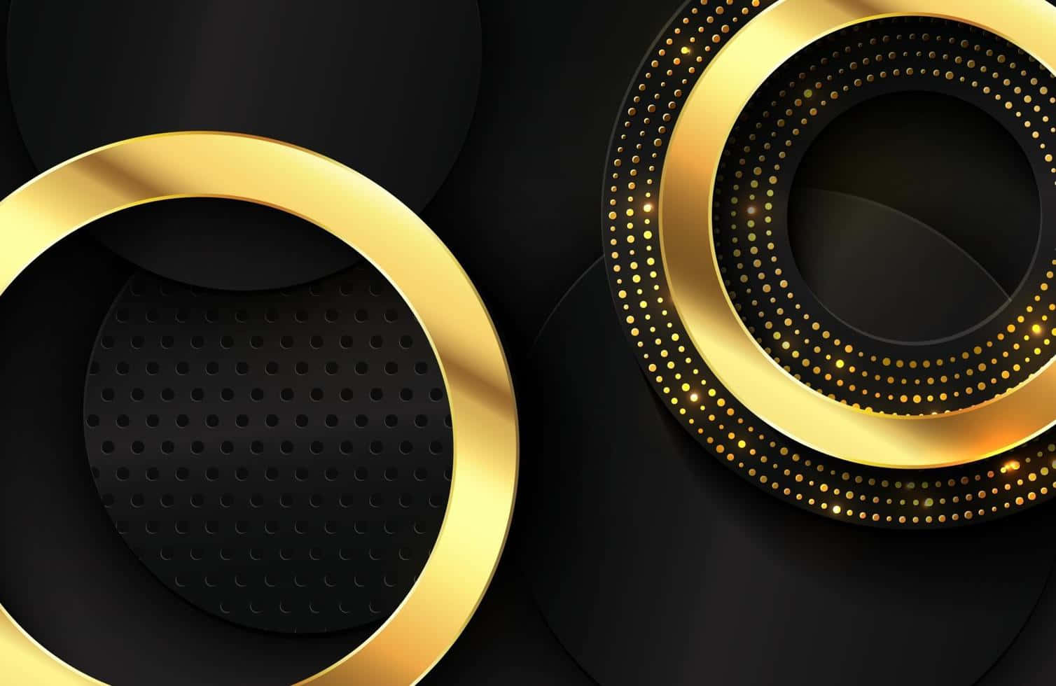 Elegant Gold 桌布 壁紙 — 閃爍的金色圓環帶有圓點紋理，在深邃的黑色背景上漂浮，呈現出時尚的數位構圖。