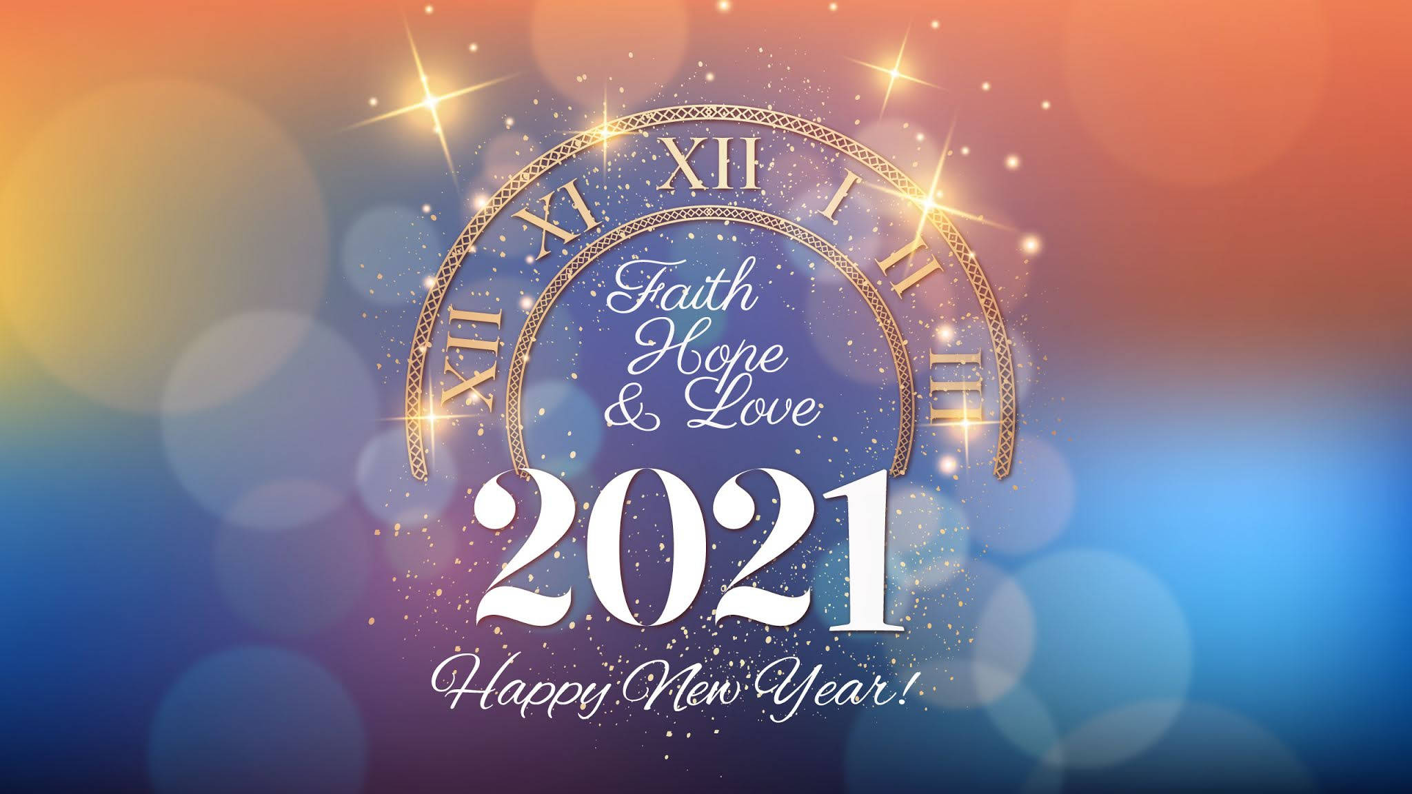 新年快樂 桌布 壁紙 — 閃爍的金色時鐘拱起在2021年之上，'Faith Hope & Love'在充滿活力的漸變天空中發光。