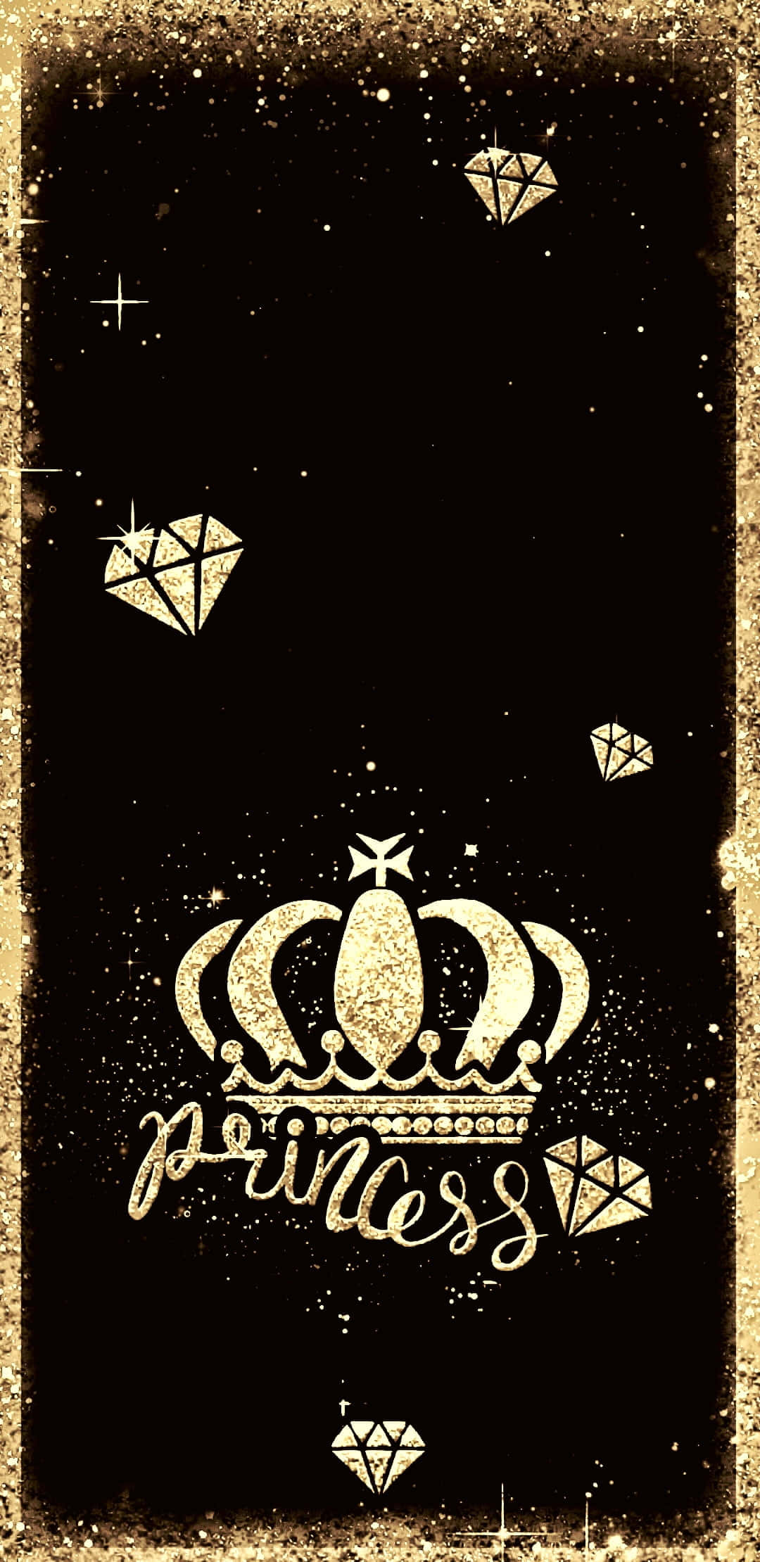 Princess Crown 桌布 壁紙 — 閃爍的金色皇冠和鑽石漂浮在黑暗的星空背景上，帶有復古紋理邊框。