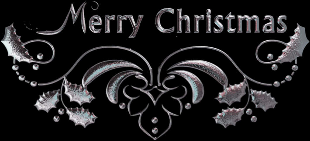 Clip Art 桌布 壁紙 — 閃爍的銀色冬青和漩渦圖案，在純黑背景上框住「Merry Christmas」文字。