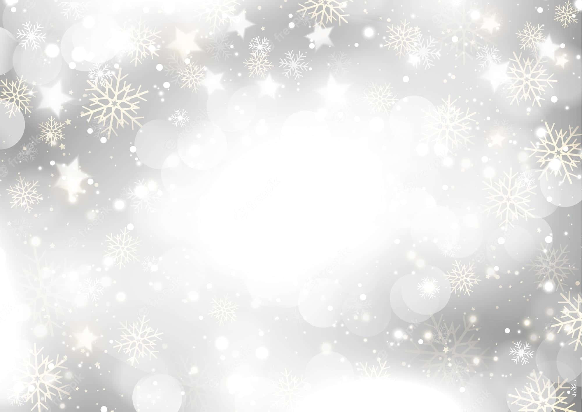 white christmas 桌布 壁紙 — 閃爍的銀色背景，點綴著精緻的白色雪花和柔和發光的散景燈光。