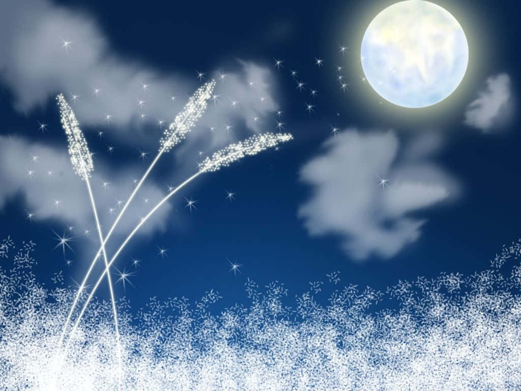 Moonlight 桌布 壁紙 — 閃爍的銀色草叢在明亮的滿月下搖曳，背景是深藍色的夜空，點綴著閃閃發光的星星。
