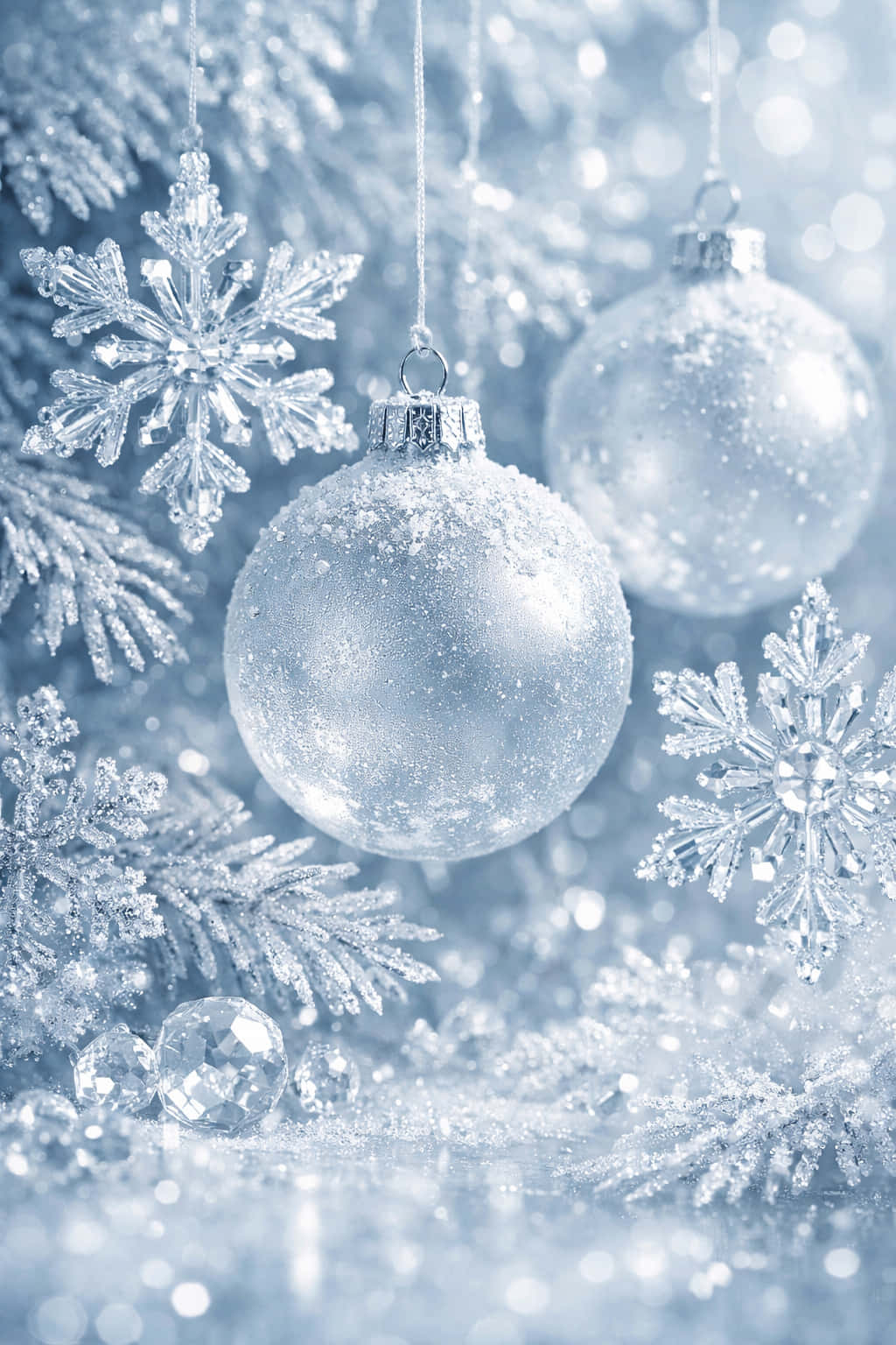 Mobile 4K 桌布 壁紙 — 閃爍的銀色裝飾品和水晶雪花在結霜的松樹枝間輕柔懸掛，呈現柔和的藍色冬日場景。