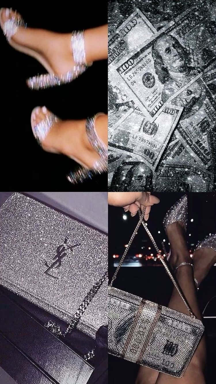 heels 桌布 壁紙 — 閃爍的銀色高跟鞋和閃亮的YSL手袋，以美元鈔票圖案和閃亮配飾點綴豪華的夜晚場景。