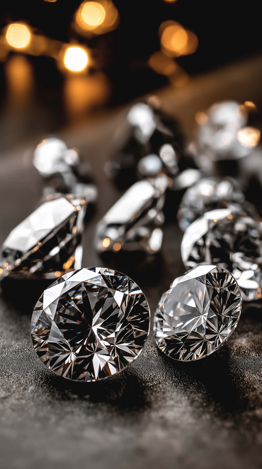 Scattered Diamond Brilliance 壁紙 — 閃爍的鑽石帶有銳利的刻面，在黑暗紋理表面上溫暖的散景燈光下閃耀。