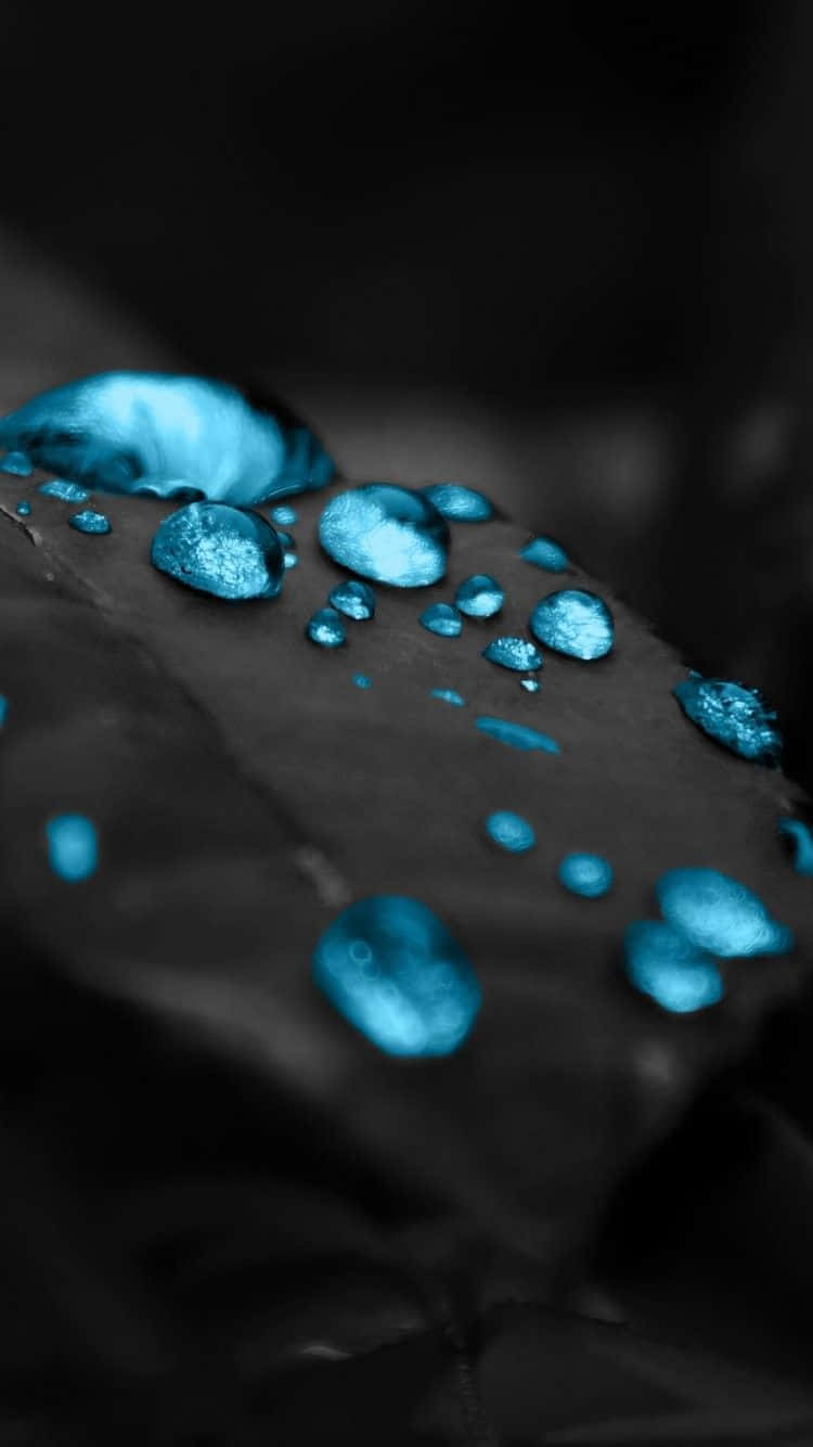 Dope Tumblr iPhone 桌布 壁紙 — 閃爍的青色水滴停留在深色紋理表面上，景深較淺。