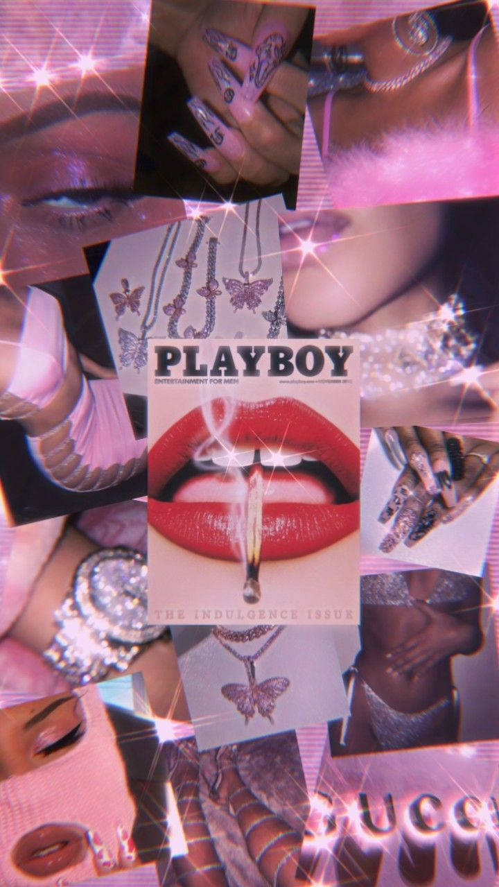 花花公子 桌布 壁紙 — 閃爍粉紅色奢華時尚與《Playboy》雜誌拼貼，包含嘴唇、珠寶和修甲的手。