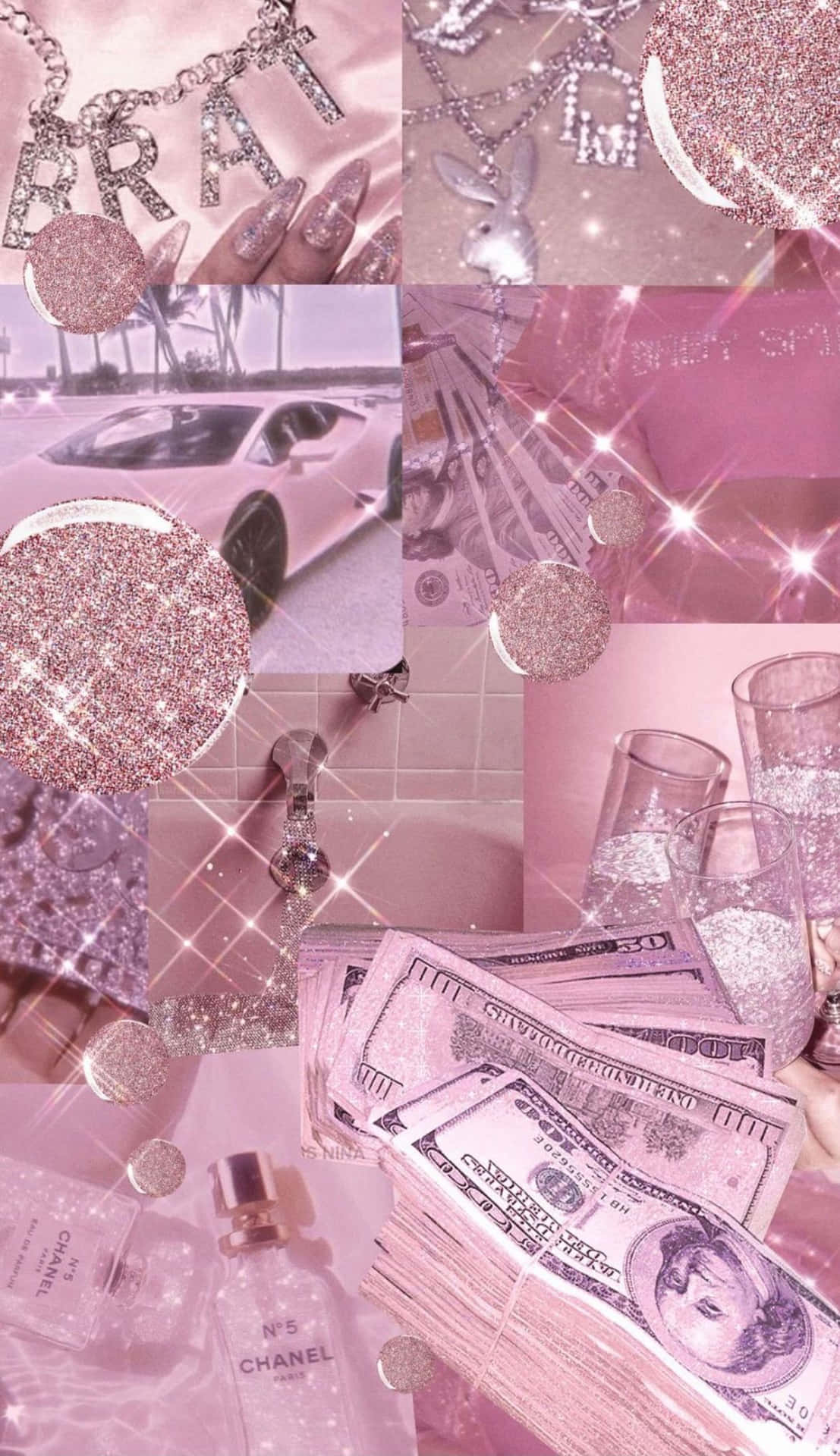 Pink Money 桌布 壁紙 — 閃爍粉紅色拼貼畫，包含奢華物品如Chanel香水、現金和跑車，沉浸在閃光中。