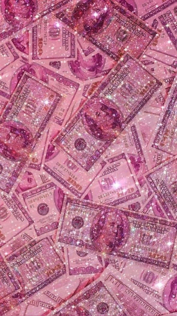 Girly Money 桌布 壁紙 — 閃爍粉紅色的百元鈔票瀑布，閃耀著閃爍的粒子。