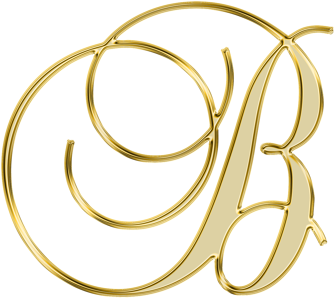 字母B 桌布 壁紙 — 閃爍金色字母B單字母圖案，帶有優雅漩渦，置於純黑背景上。