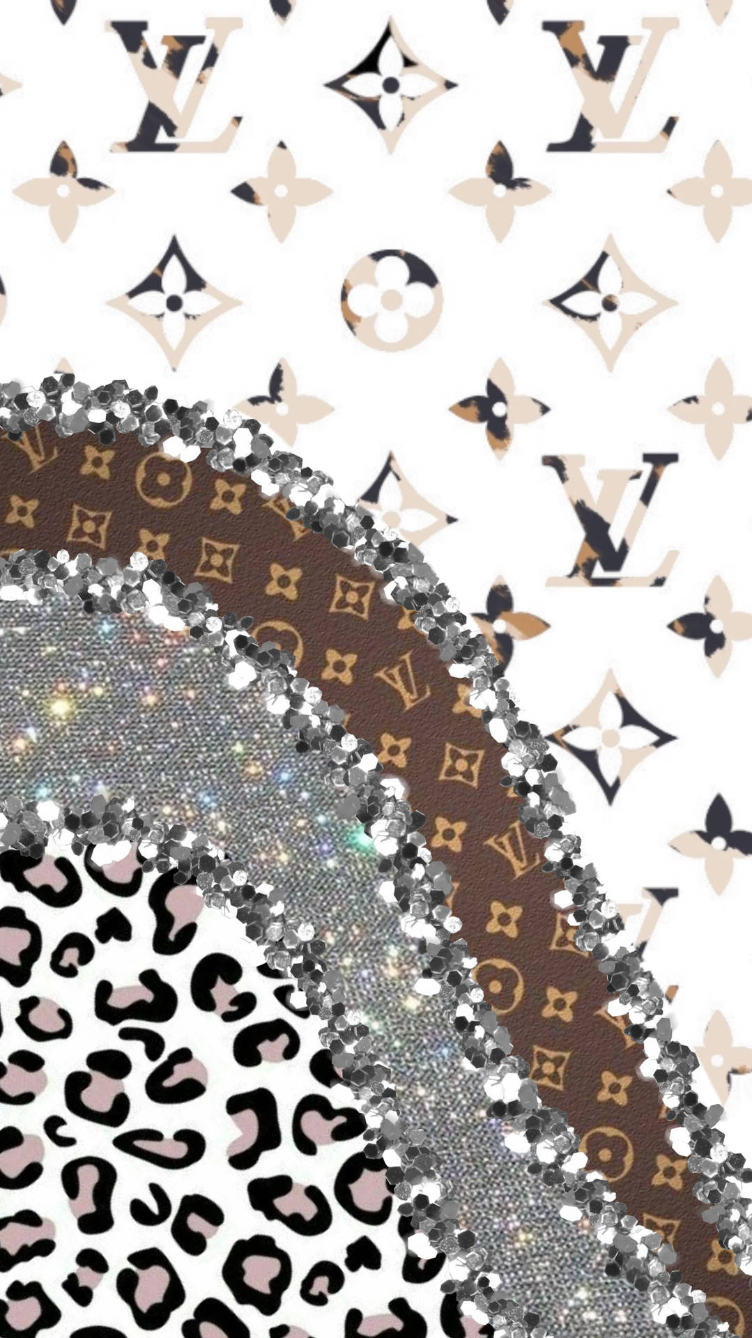 路易威登 桌布 壁紙 — 閃爍銀色亮片邊框將白色背景上的 Louis Vuitton 字母圖案和豹紋圖案部分分隔開。