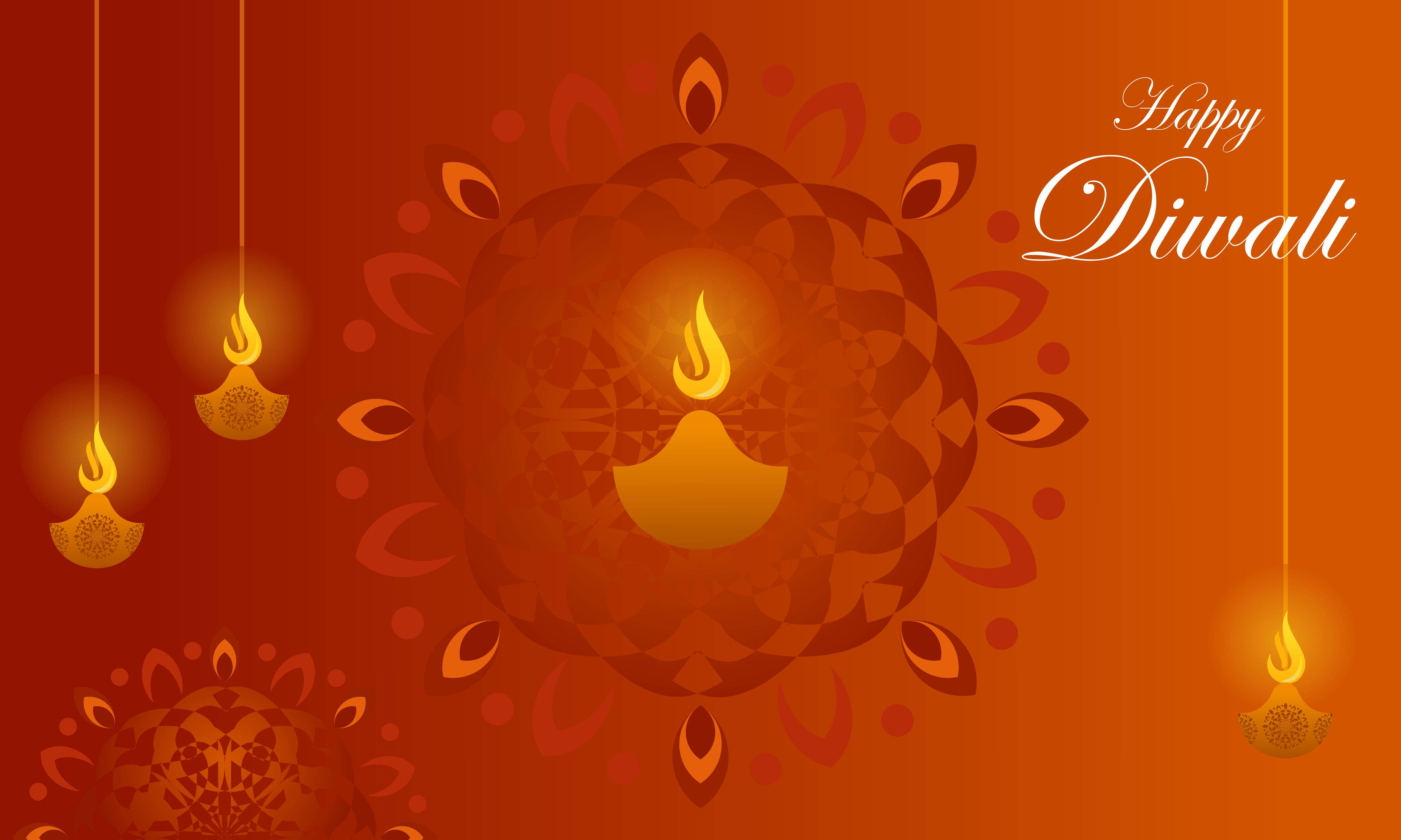 Happy Diwali 桌布 壁紙 — 閃耀的排燈節祝福，帶有發光的油燈和溫暖橙色色調中複雜的曼陀羅圖案。