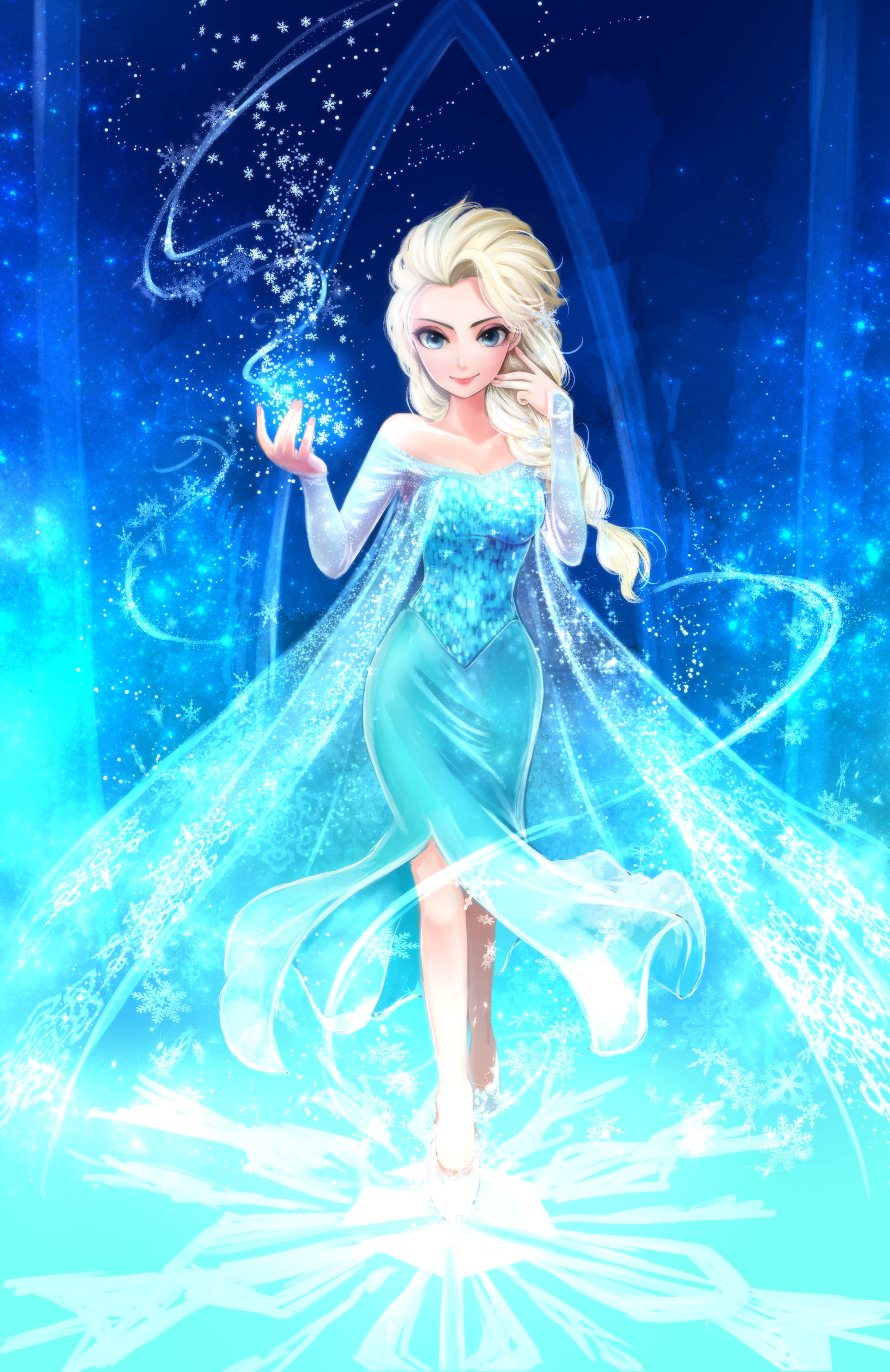 Frozen Elsa 桌布 壁紙 — 閃耀的艾莎身穿閃亮藍色禮服，在發光的冰雪背景下召喚雪花和冰魔法。