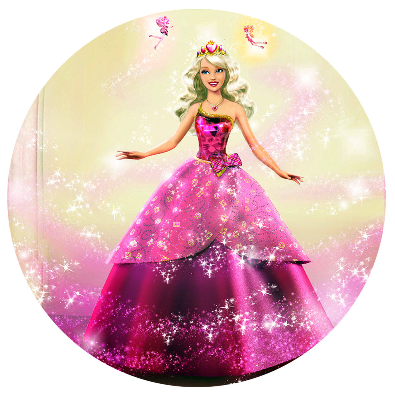 Princess 桌布 壁紙 — 閃耀的芭比穿著閃閃發光的粉紅色禮服，仙女同伴們在一個神奇的發光圓圈中漂浮在她周圍。