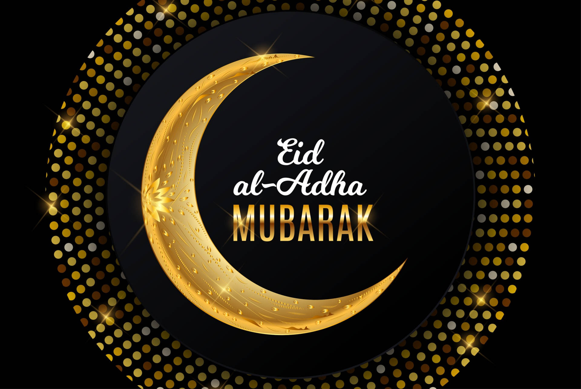 Eid Mubarak 桌布 壁紙 — 閃耀的金色新月以閃爍細節框住Eid al-Adha Mubarak文字，黑色背景點綴閃爍金點。