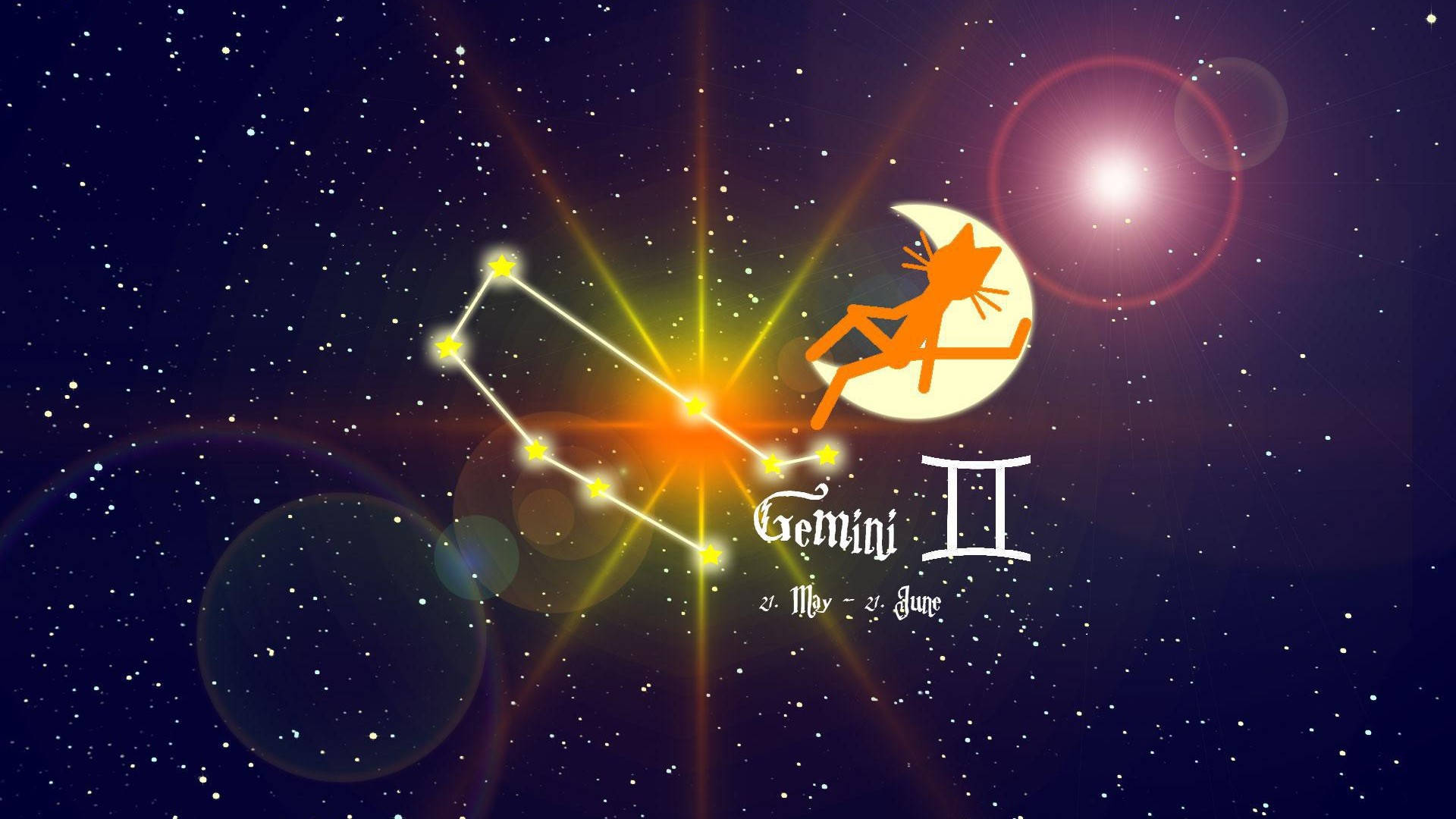 gemini 桌布 壁紙 — 閃耀的雙子座星座在繁星點點的夜空中閃耀，新月上有一個雙胞胎剪影。